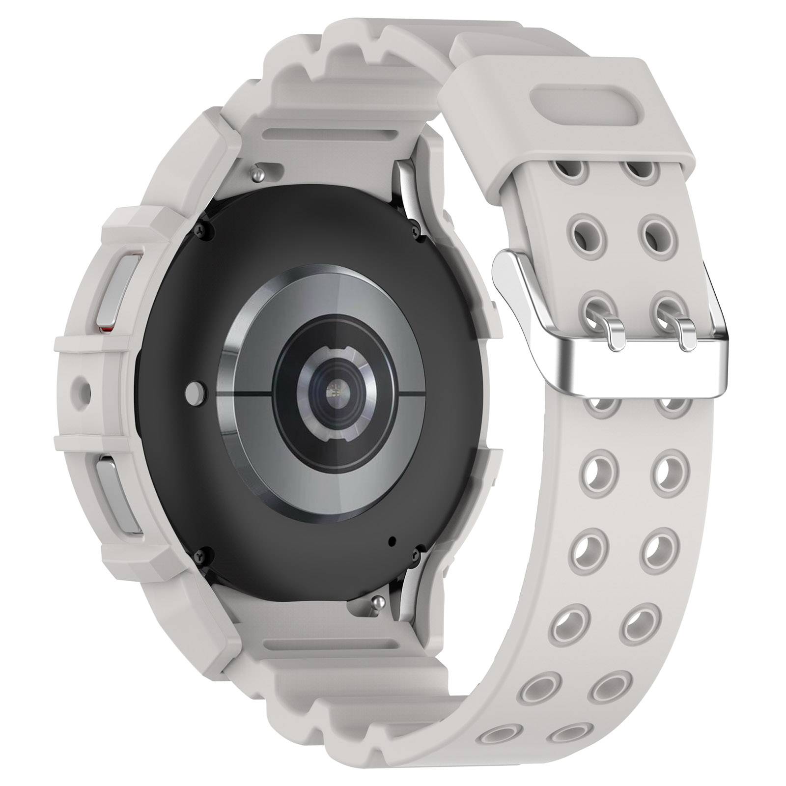 Rückansicht einer weißen digitalen Armbanduhr, die ihren runden schwarzen Unterseiten-Sensor und das perforierte Armband mit Metallschnalle zeigt.