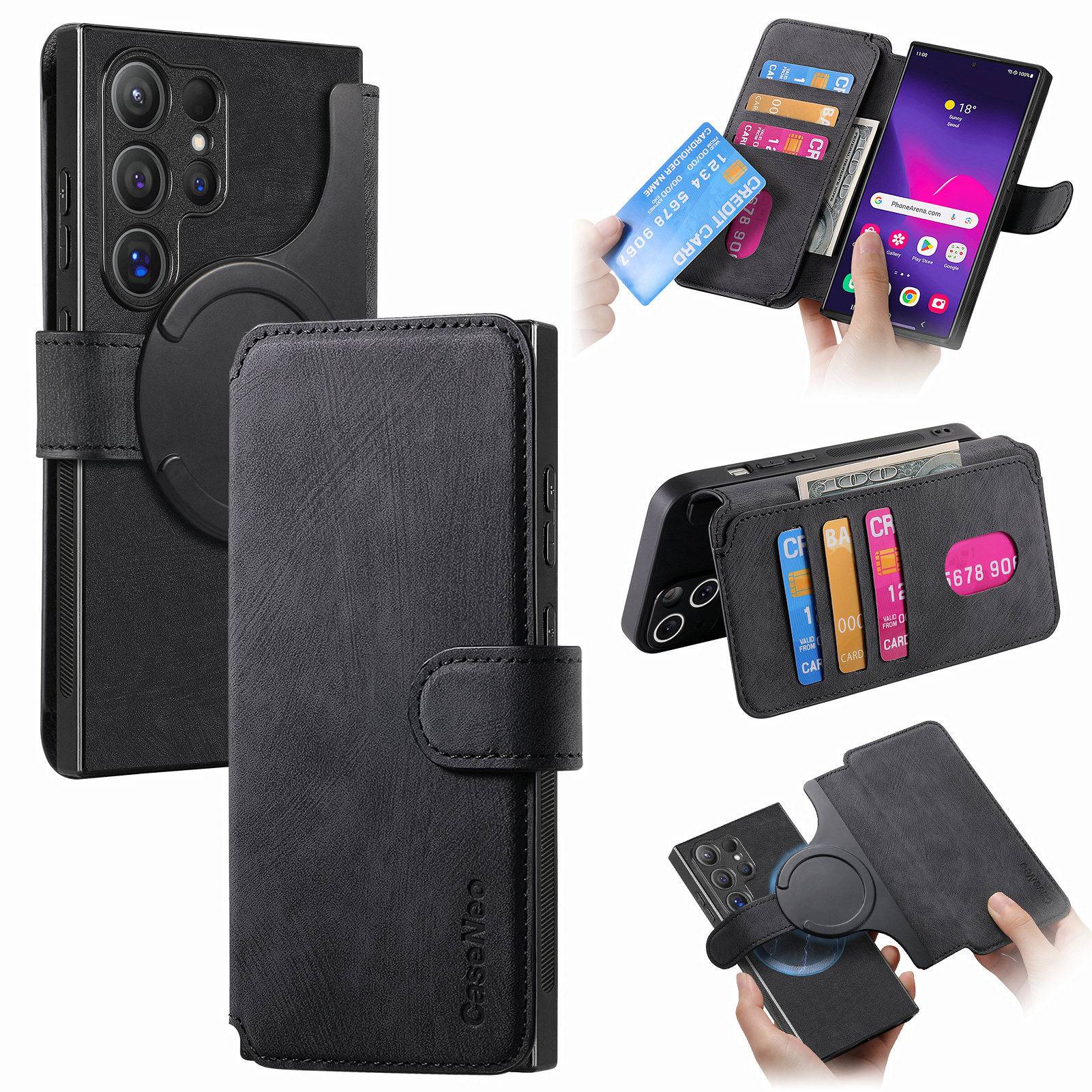 Schwarze Geldbörsen-Handyhülle für Samsung Galaxy mit Kartenfächern, Magnetverschluss und Ständer; abgebildet mit Telefon, Karten und Händen, die sie benutzen.