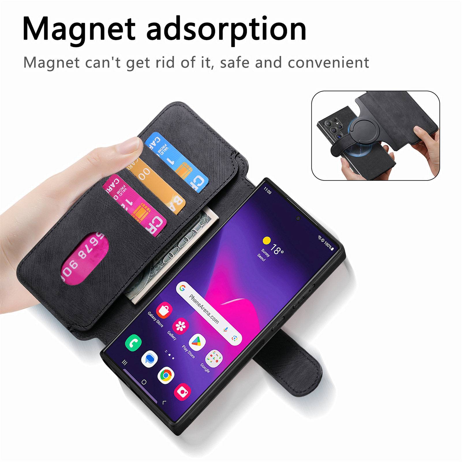 Magnetische Handy-Geldbörsentasche mit Kartenfächern und Riemen, an einem Smartphone befestigt gezeigt; Einsatz zeigt magnetische Rückseite und Handyhalterung.