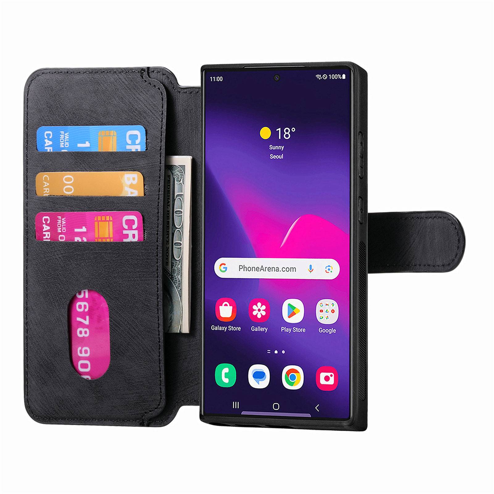 Schwarze Folio-Handyhülle mit Riemen, Kartenfächern und Geldfach, geöffnet dargestellt mit einem Smartphone, das den Startbildschirm anzeigt.