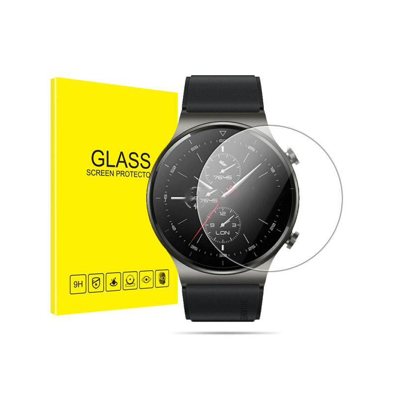 Schwarze Armbanduhr mit durchsichtigem, rundem Glassschutz neben einer gelben Verpackung mit der Aufschrift „GLASS SCREEN PROTECTOR