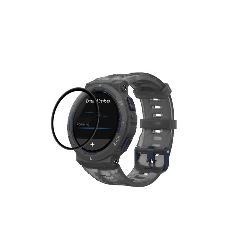 Schwarze robuste Smartwatch mit rundem Display, das auf weißem Hintergrund „Externe Geräte