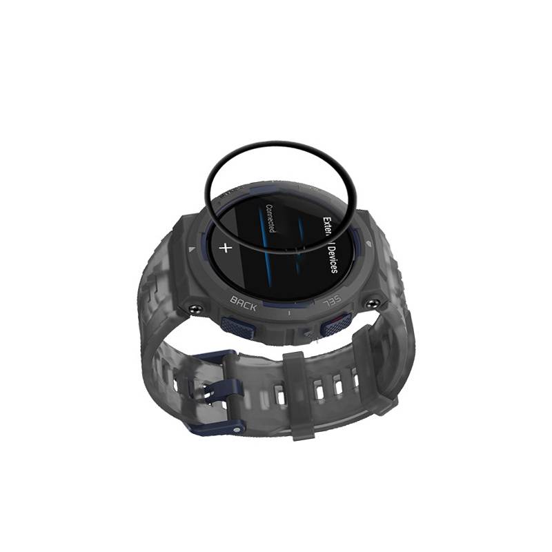 Eine robuste schwarze digitale Smartwatch mit transparentem Armband, dargestellt mit einem vergrößerten Kreis, der das Touchscreen und die Seitentasten hervorhebt.