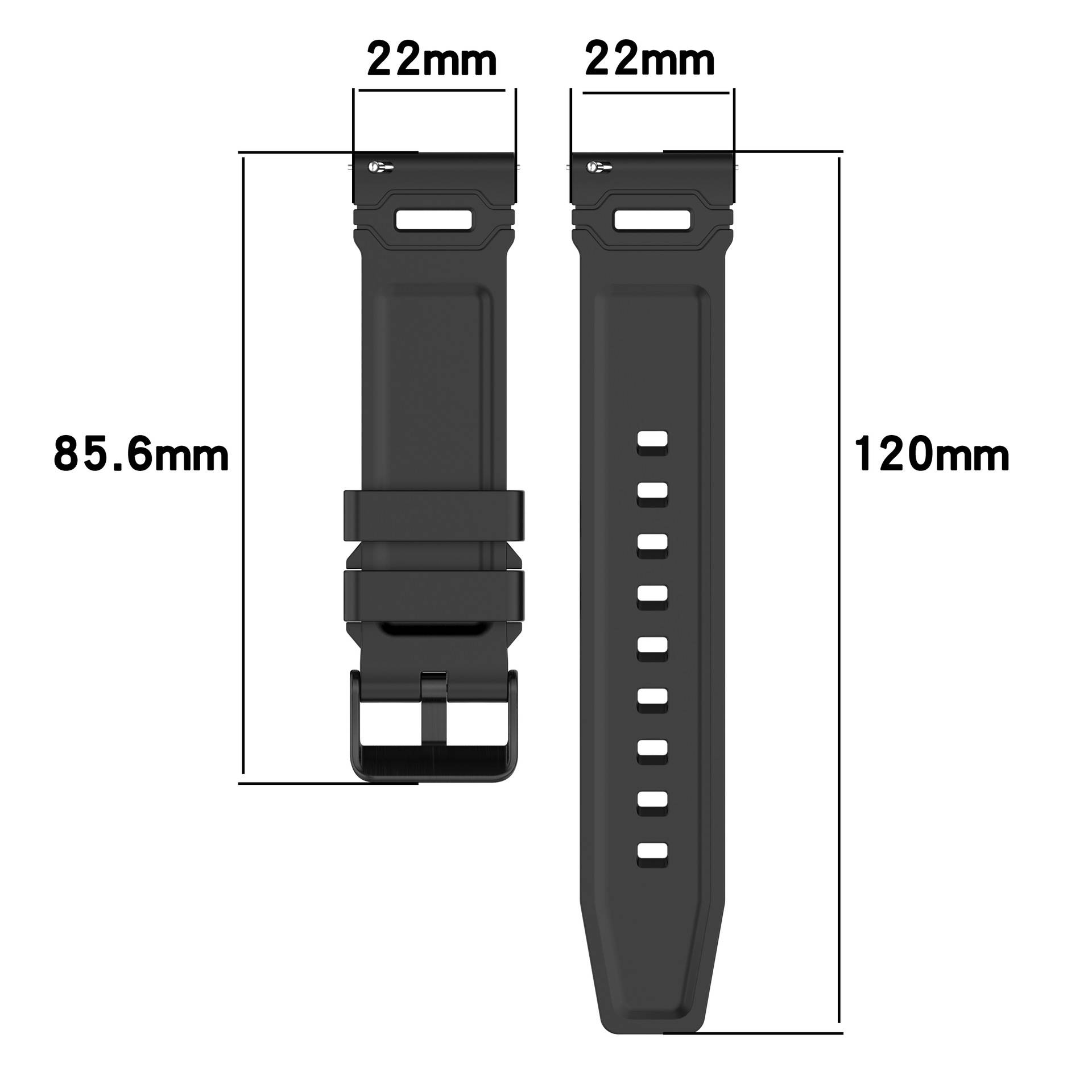 Produktdiagramm eines schwarzen Uhrenarmbands mit zwei Ansichten und beschrifteten Abmessungen: 22 mm Breite, 85,6 mm kurze Seite und 120 mm lange Seite.