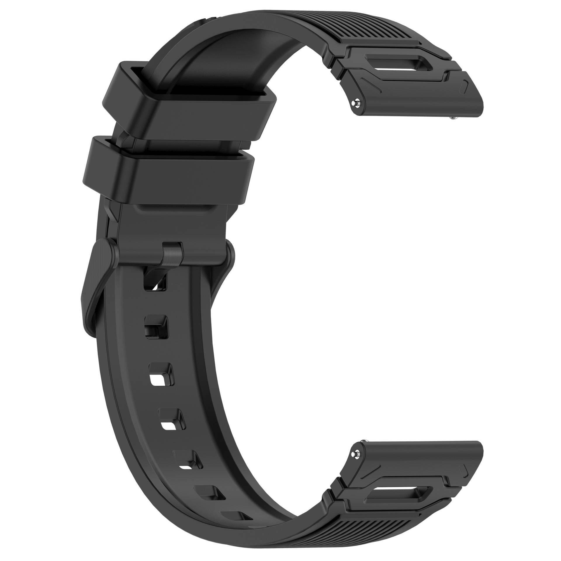 Schwarzes verstellbares Uhrenarmband mit Schnalle, isoliert auf weißem Hintergrund dargestellt.