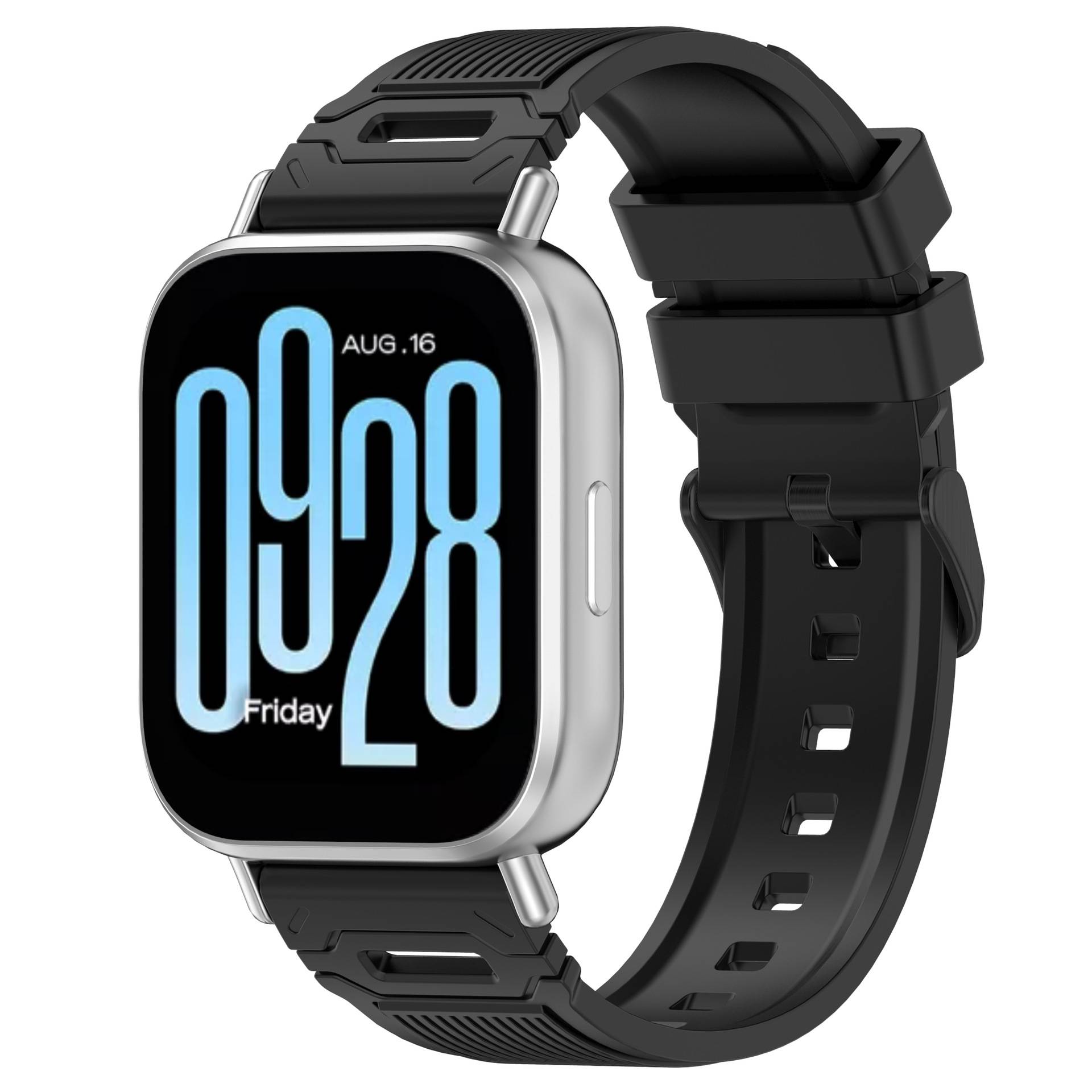Schwarze Smartwatch mit quadratischem silbernem Gehäuse und schwarzem Armband, zeigt auf dem Display 09:28, 16. AUG und Freitag an.