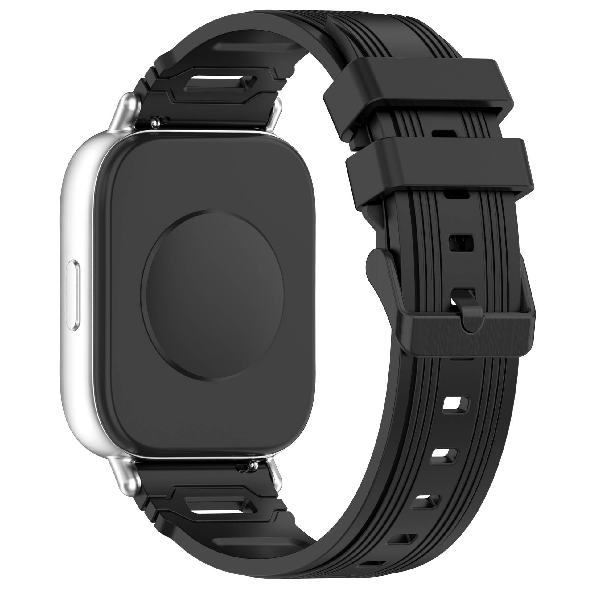 Schwarze Smartwatch mit silbernem Gehäuse und schwarzem verstellbarem Armband, von der Seite auf weißem Hintergrund dargestellt.