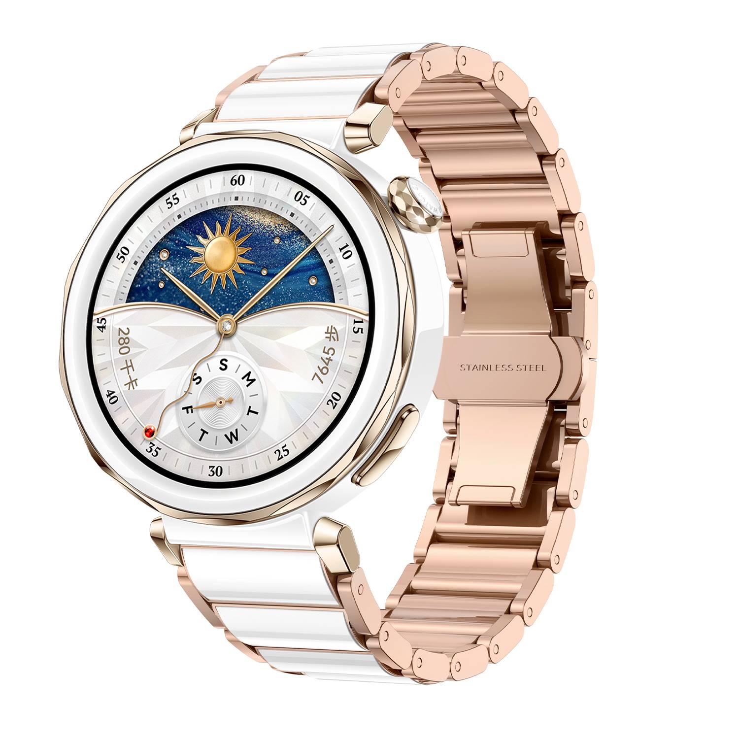 Luxusuhr aus Roségold und Weiß mit rundem Zifferblatt, Sonne-und-Sterne-Design, Datumsanzeige und Metallarmband.