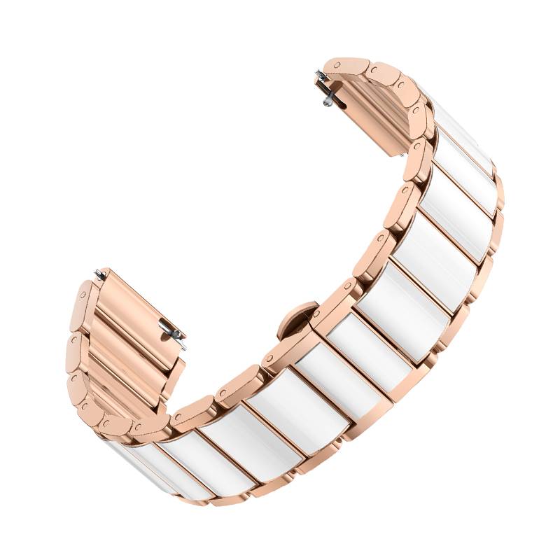 Rosegoldfarbenes Metalluhrenarmband mit weißen rechteckigen Gliedern, gebogenes offenes Ende vor einfachem weißem Hintergrund.