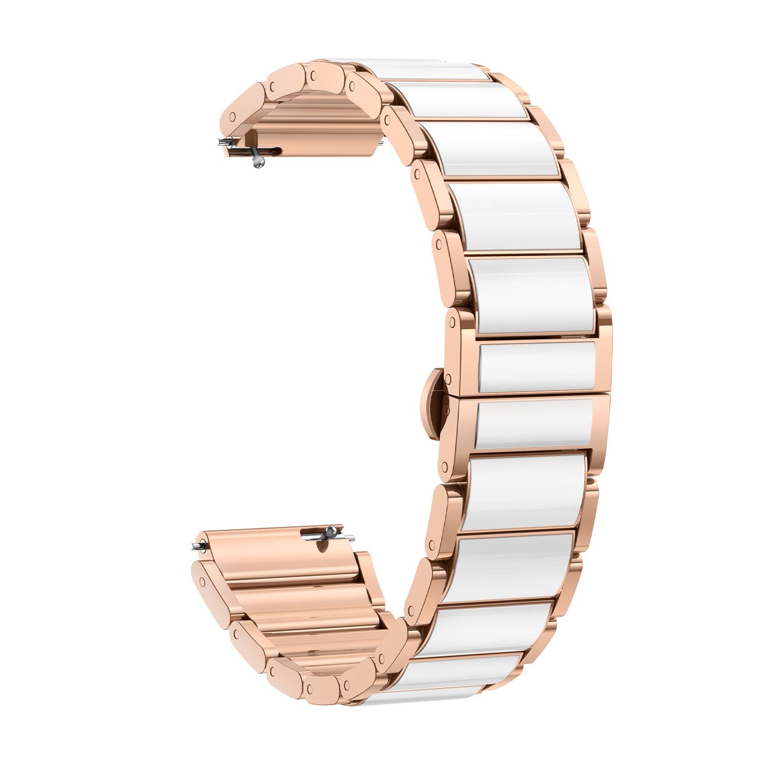 Roségoldfarbenes Metallarmband mit weißen Keramik-Mittelliedern, dargestellt in offener, gekrümmter C-Form.