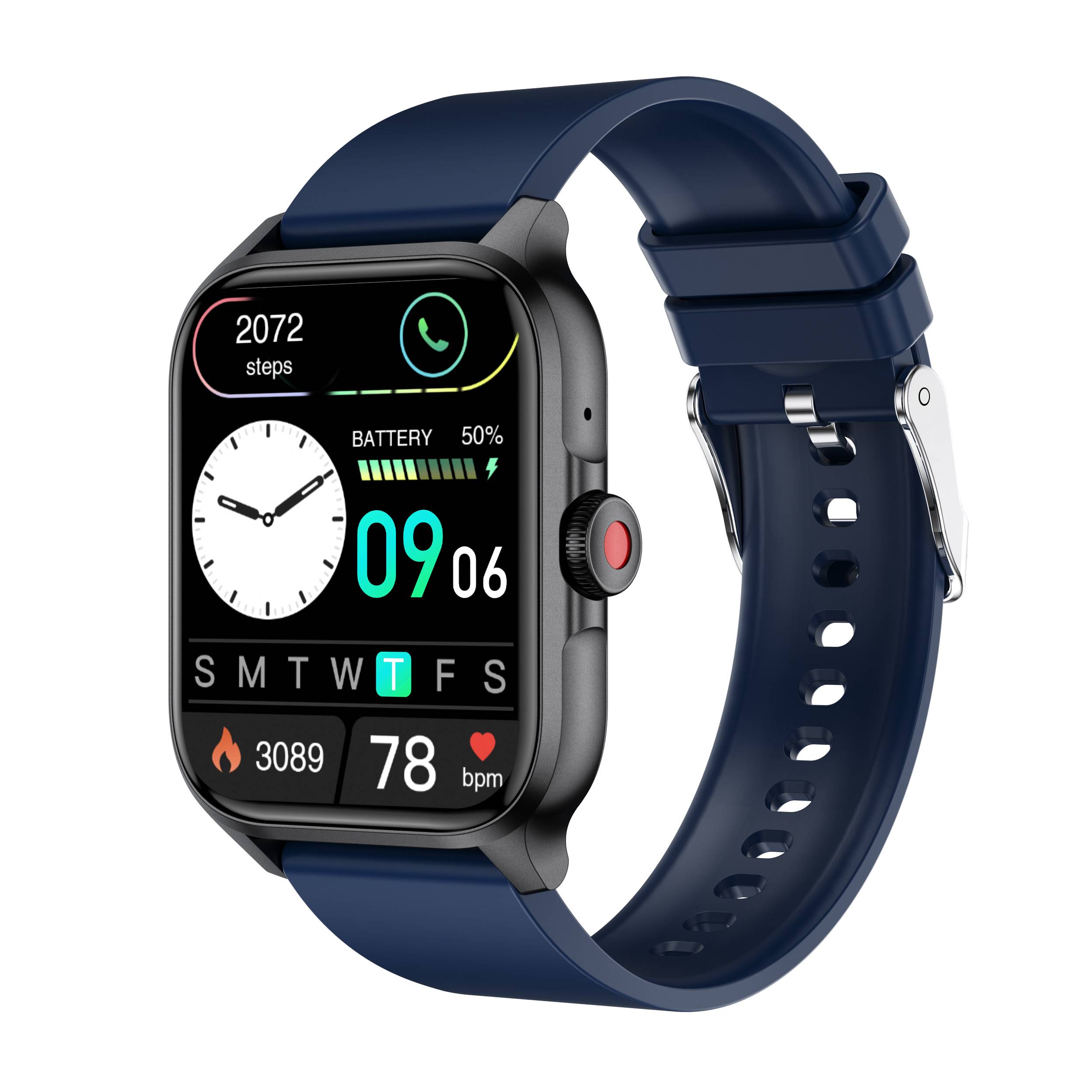 Eine blaue Smartwatch zeigt Fitnessdaten an, darunter 2.072 Schritte, Akku bei 50 %, Uhrzeit 09:06, 3.089 Kalorien und 78 bpm Herzfrequenz.