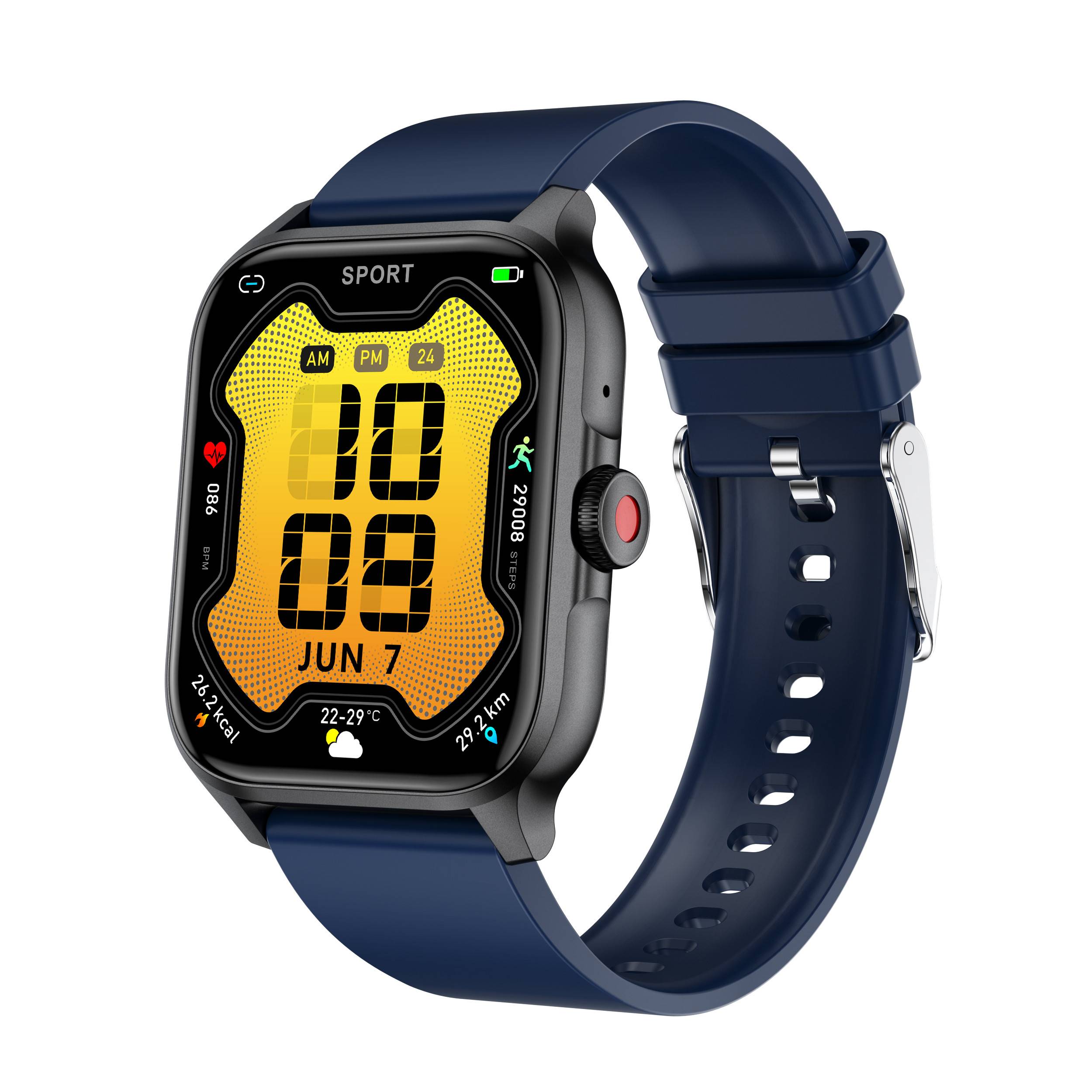 Schwarze Smartwatch mit dunkelblauem Armband, digitales Sportdesign, 10:09, 7. Juni, Wetter- und Fitnesswerte angezeigt.