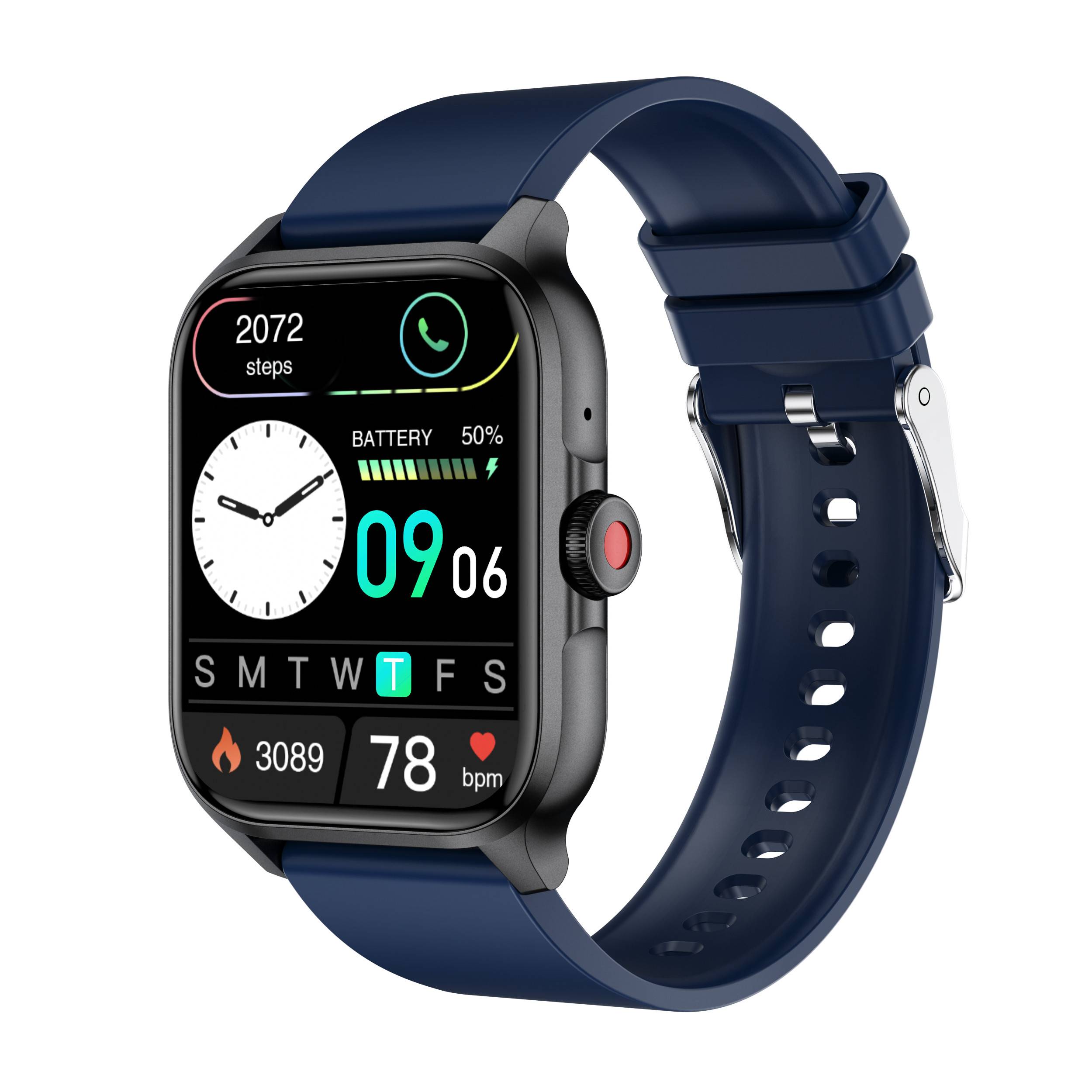 Blaue Smartwatch mit quadratischem Display, das Schritte, Batterie, analoge und digitale Uhrzeit, Wochentag, Kalorien und Herzfrequenz anzeigt.