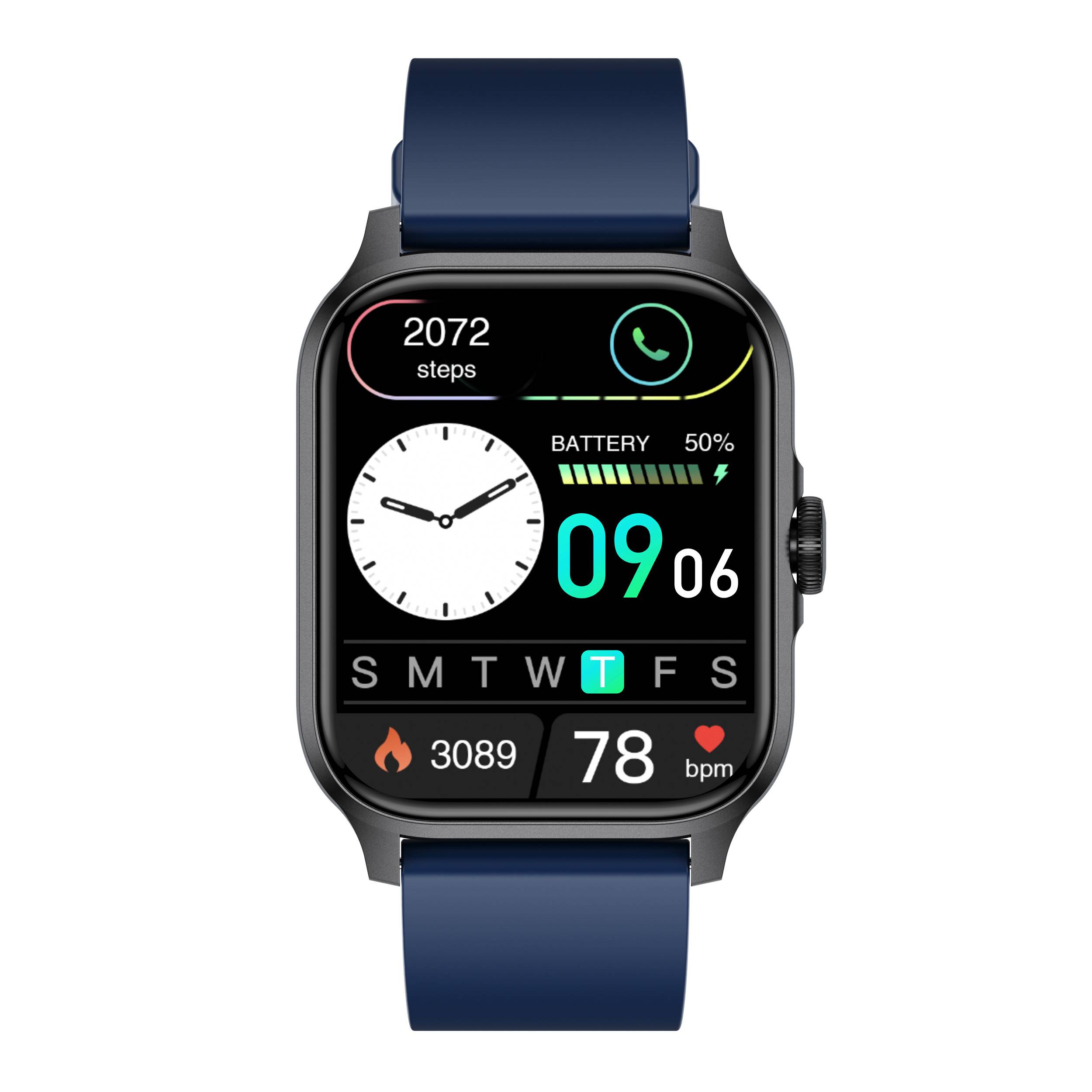 Smartwatch mit blauem Armband, das Fitnesswerte anzeigt: 2072 Schritte, 50% Akkuladung, Uhrzeit 09:06, 3089 Kalorien, 78 Bpm und Wochentagsanzeige.