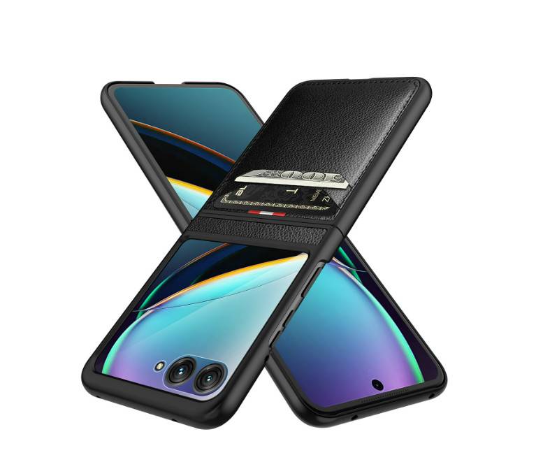 Schwarze Smartphonehülle mit integriertem Kartensteckplatz, gezeigt auf zwei überlappenden Telefonen vor weißem Hintergrund.