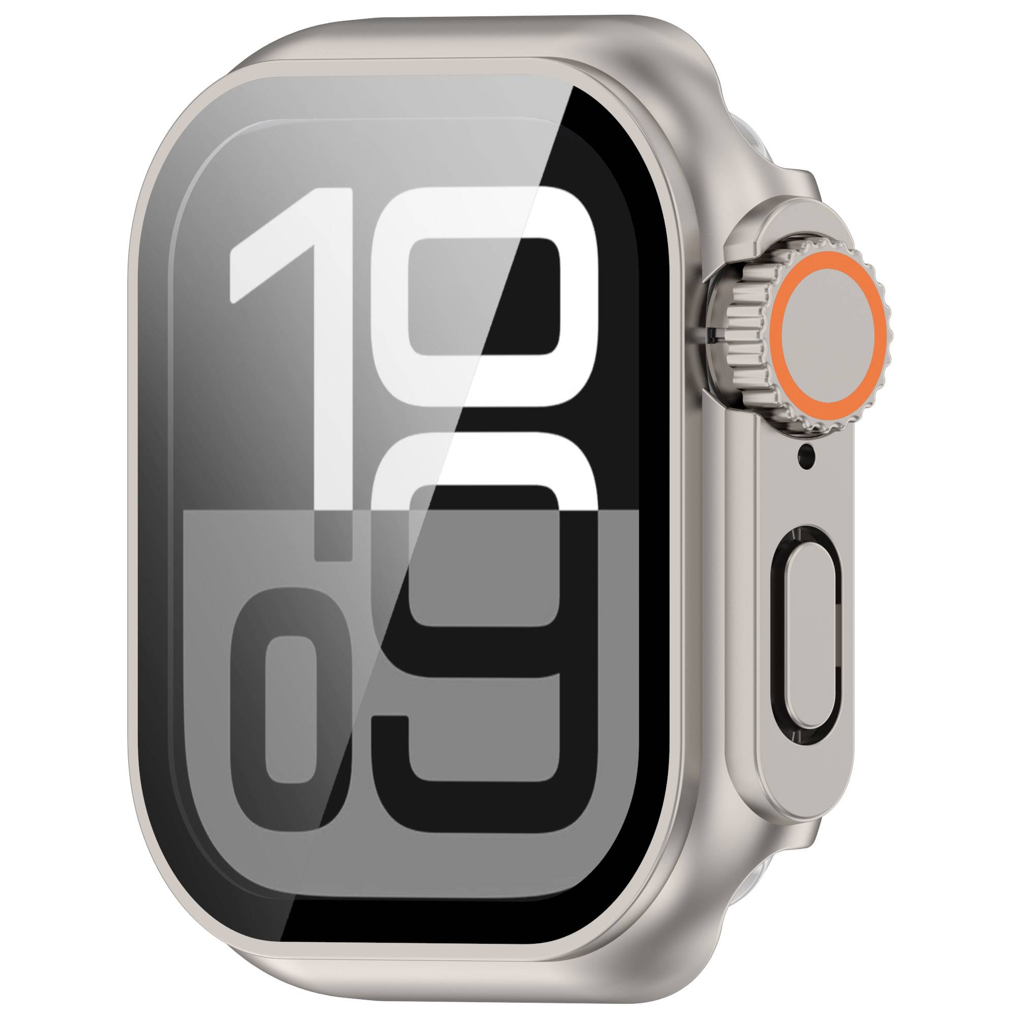 Silberne Smartwatch mit schwarzem Bildschirm, der die Zeit 19:09 anzeigt, orange umrandete Krone und Seitentaste.