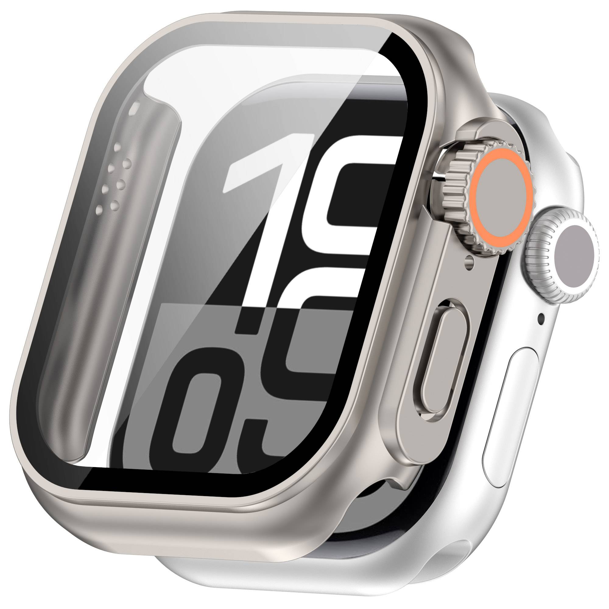 Silberne Smartwatch mit quadratischem Gehäuse und digitaler Uhrenanzeige, in Nahaufnahme auf weißem Hintergrund dargestellt.