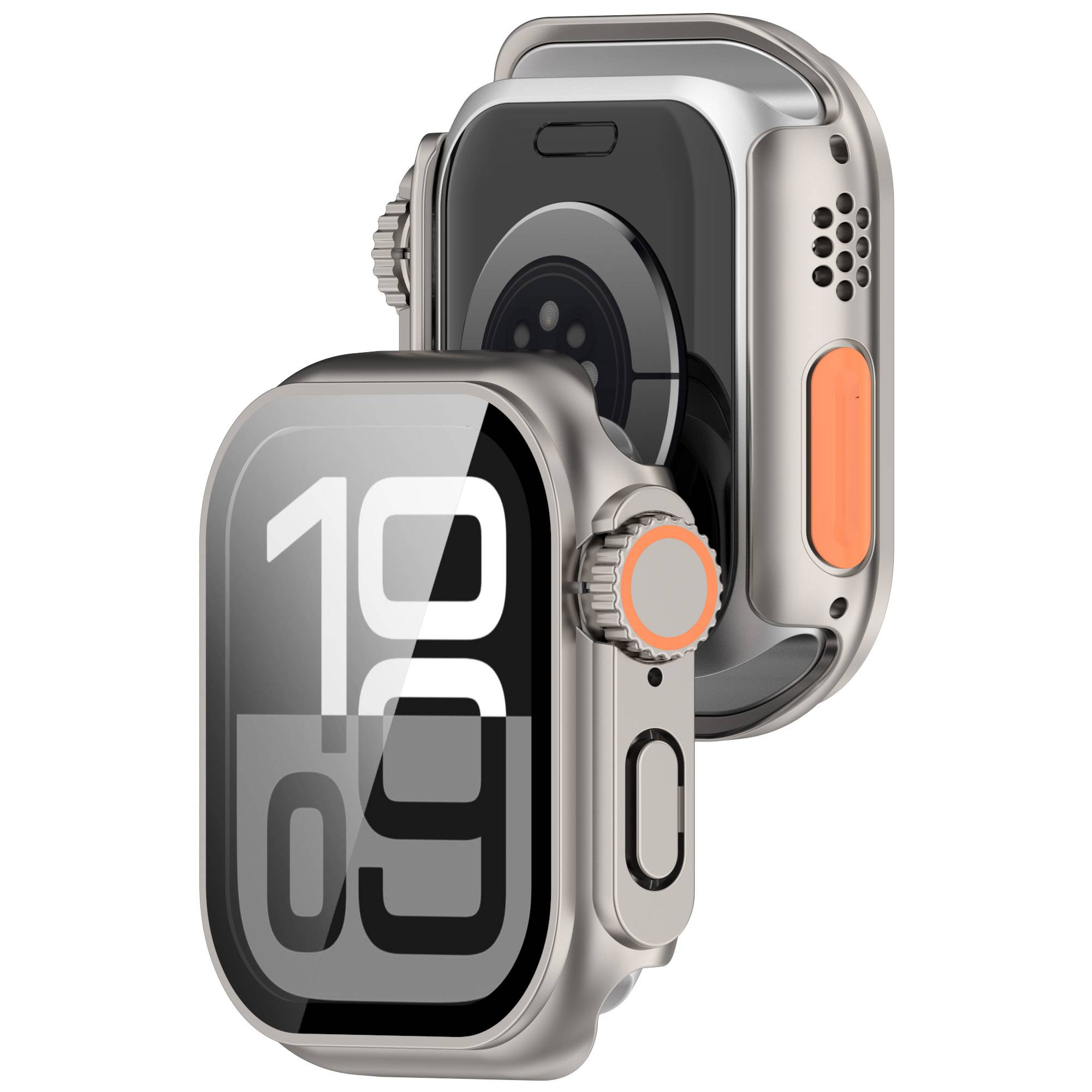 Zwei silberne Smartwatches, von vorne und hinten gezeigt, eine mit schwarzem Display, das 10:09 anzeigt, und eine mit orangefarbener Seitentaste.