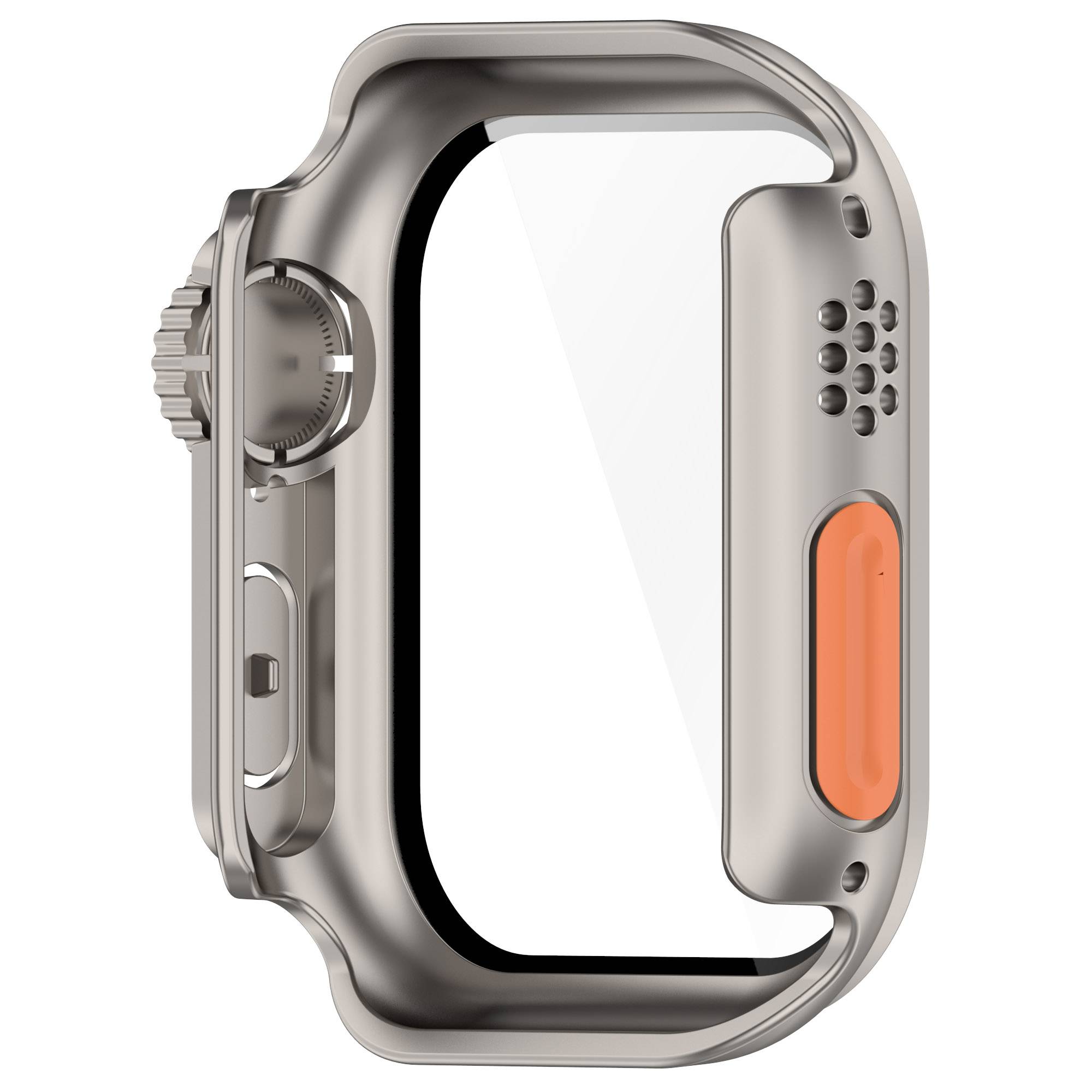 Silbernes Smartwatch-Gehäuse mit großer rechteckiger Bildschirmöffnung, seitliche Krone und orangefarbene Seitentaste, isoliert auf Weiß dargestellt.