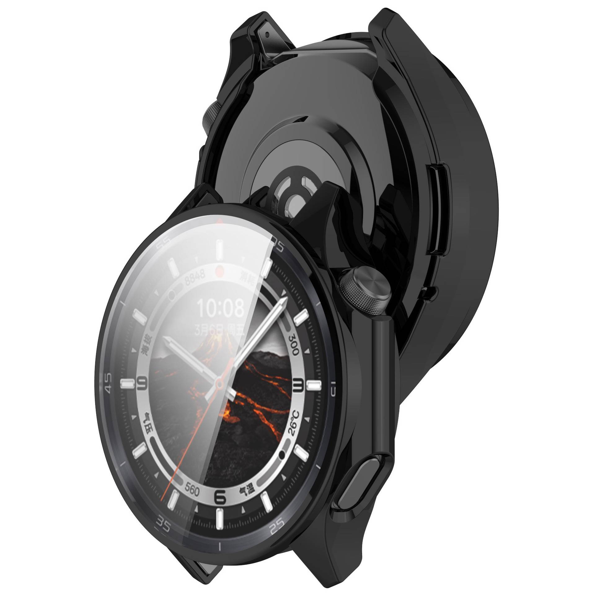 Schwarze runde Smartwatch mit analogem Zifferblatt, auf ihrer Ladestation vor weißem Hintergrund dargestellt.