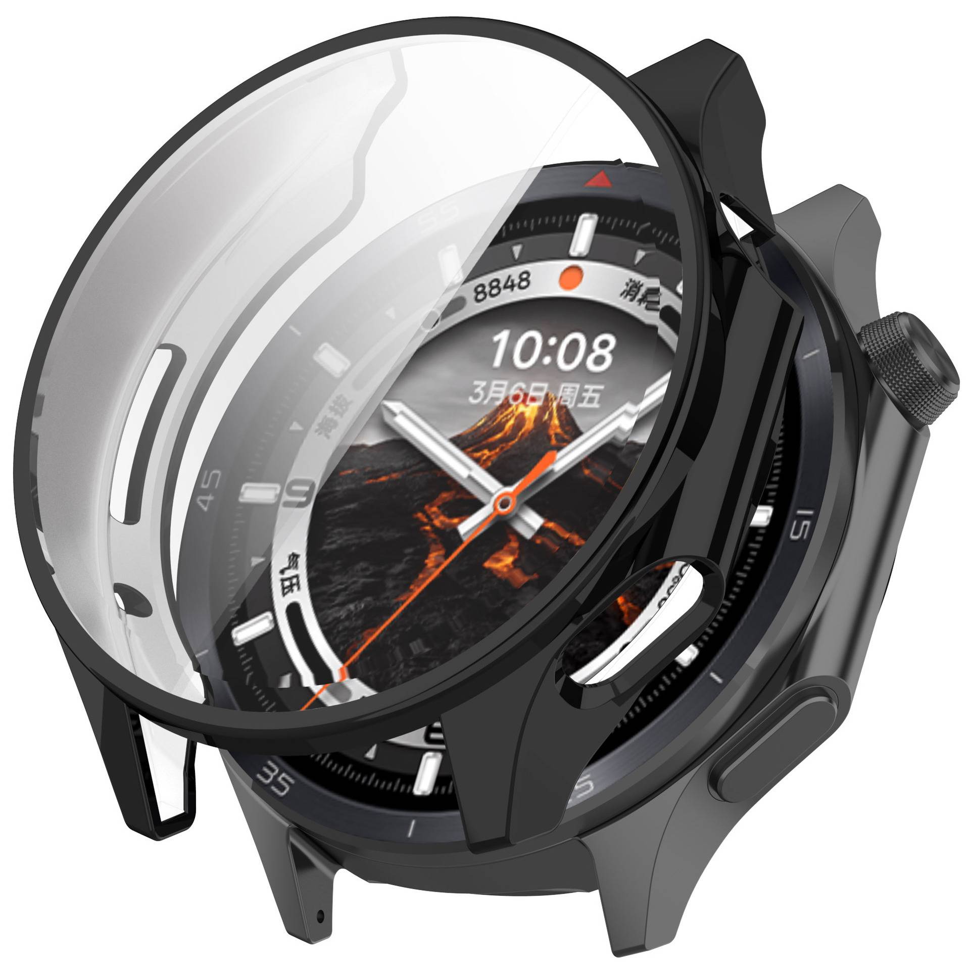 Schwarze analoge Smartwatch mit vulkanischem digitalem Zifferblatt, sichtbaren Seitentasten und einer schützenden transparenten Abdeckung