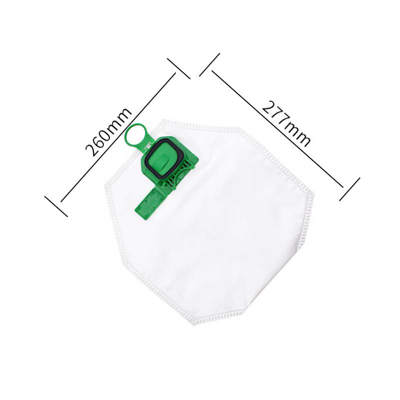 Weißer achteckiger Filterbeutel mit grünem Kunststoffclip; Abmessungen 260 mm x 277 mm.