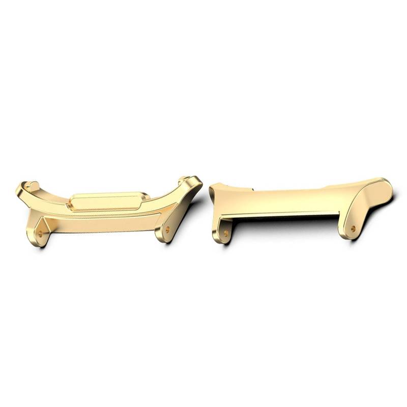 Zwei goldene Metallwatchverschlusskomponenten nebeneinander auf weißem Hintergrund dargestellt, wahrscheinlich Vorder- und Rückansichten.
