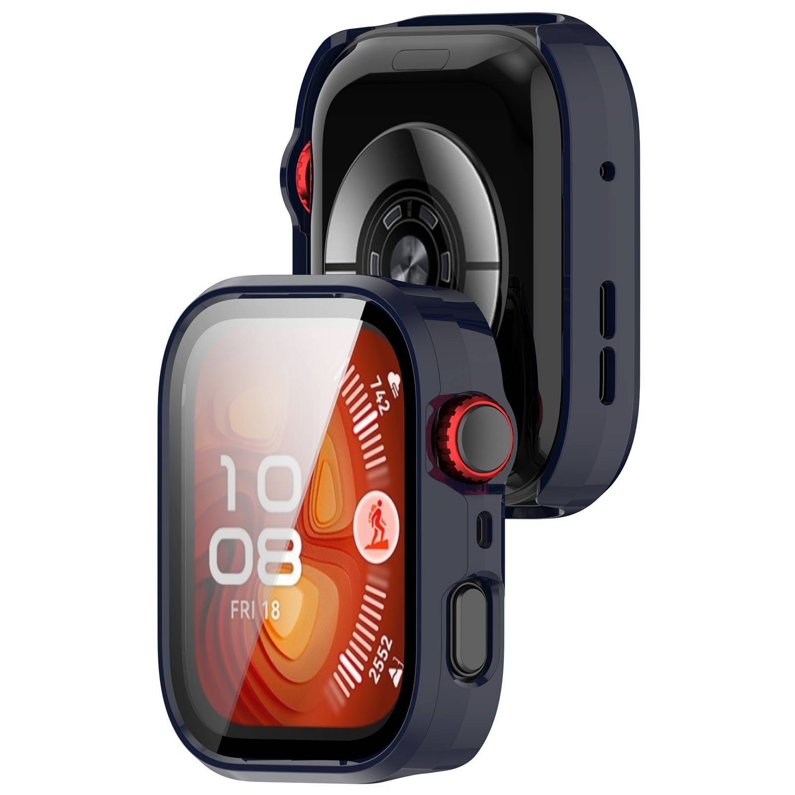 Zwei Ansichten einer marineblauen Smartwatch mit orangefarbigem digitalem Zifferblatt, die die Vorderseite des Displays und die Rückseite der Sensoren zeigen.