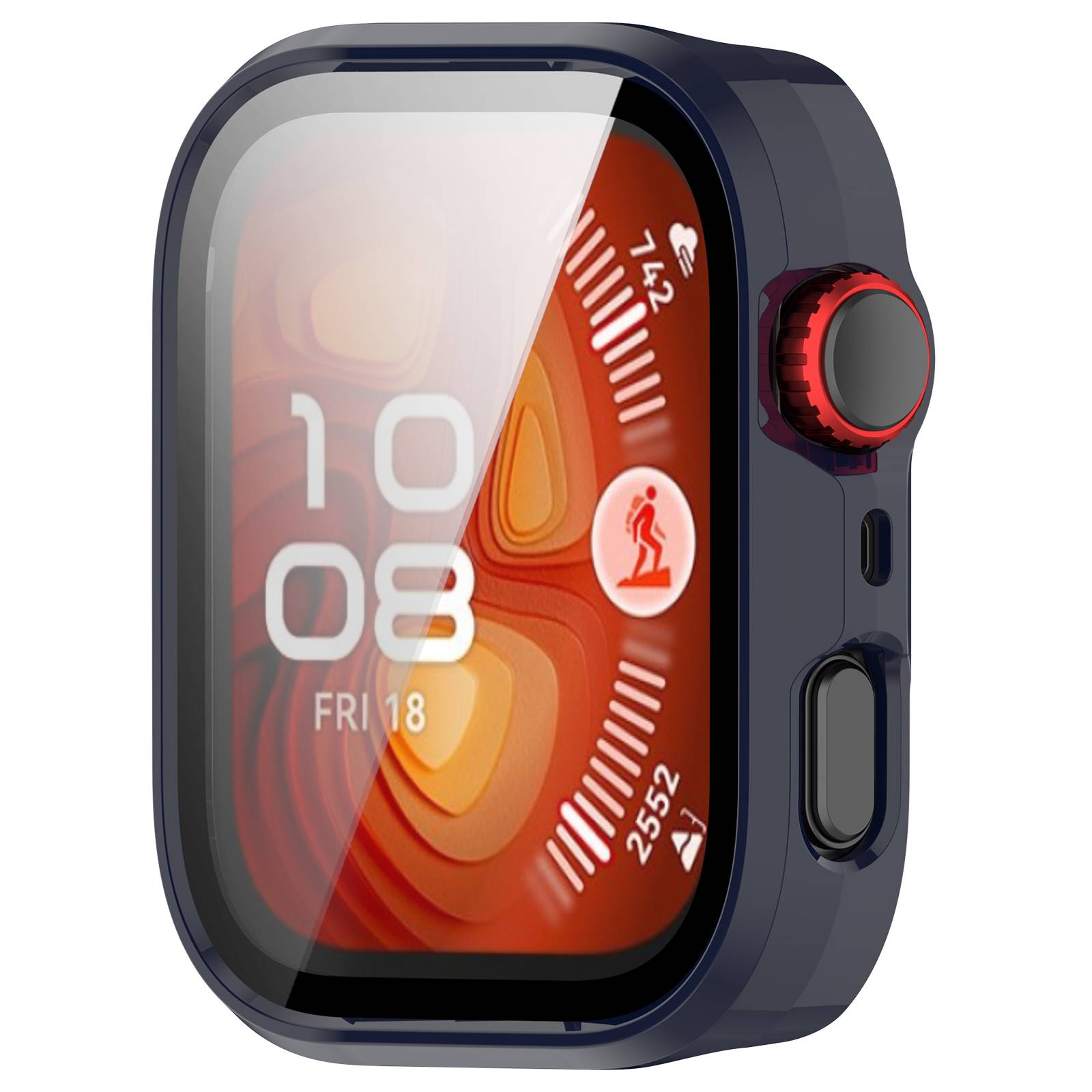 Dunkelblau robuste Smartwatch mit roter Seitenkrone, in dreiviertelseitiger Ansicht gezeigt, mit dem Zifferblatt, das 10:08, FR 18 und Fitness-Symbole anzeigt.