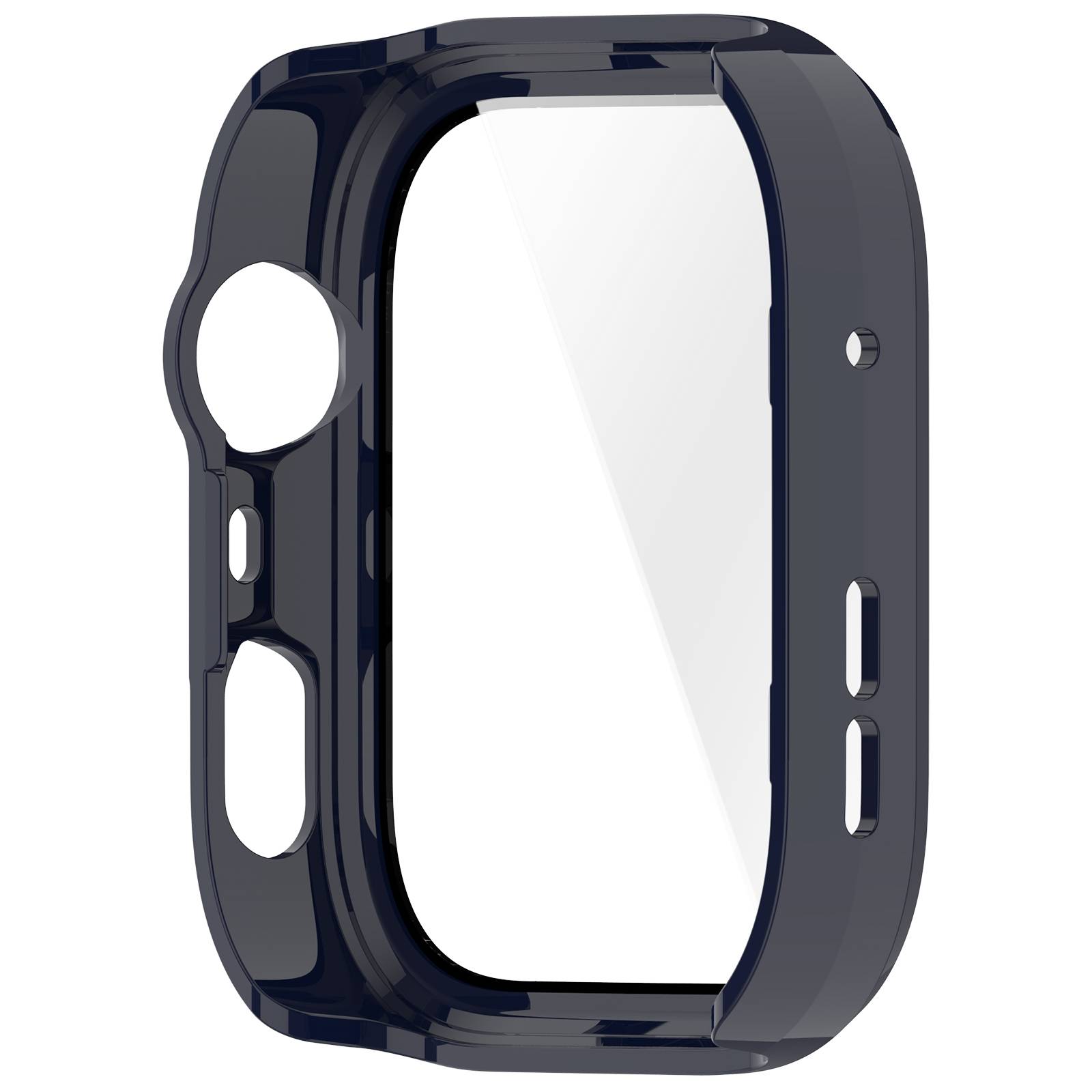 Dunkelblaue Schutzhulle oder Bumper für Smartwatch mit leerer Bildschirmöffnung und Ausschnitten für Tasten und Sensoren.