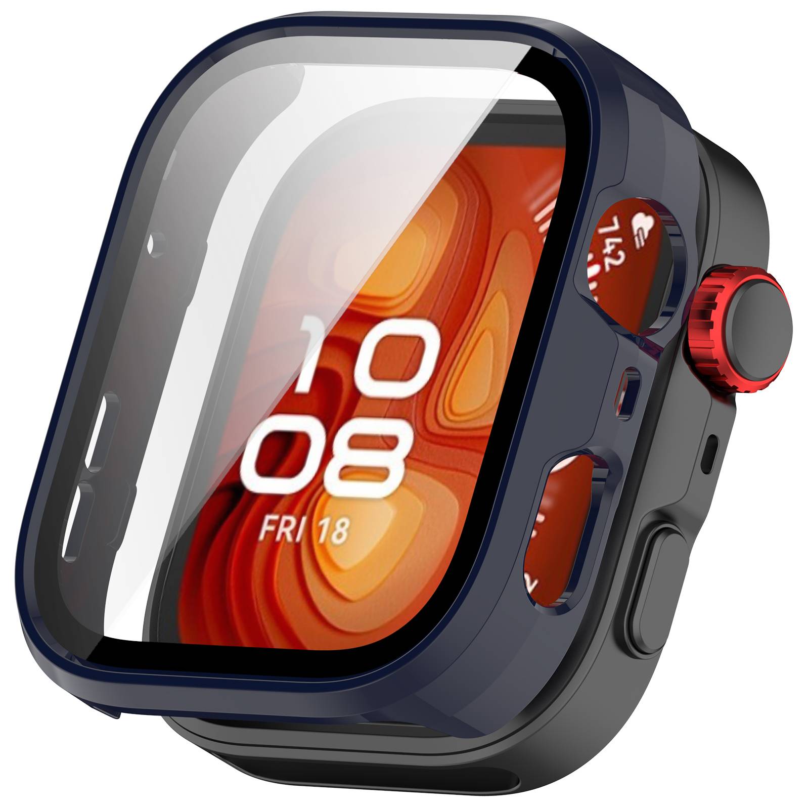 Eine robuste Smartwatch mit einem quadratischen Display, das 10:08 und FRI 18 anzeigt, dunkelblauem Gehäuse, roter Krone und orangefarbenem abstraktem Zifferblatt.