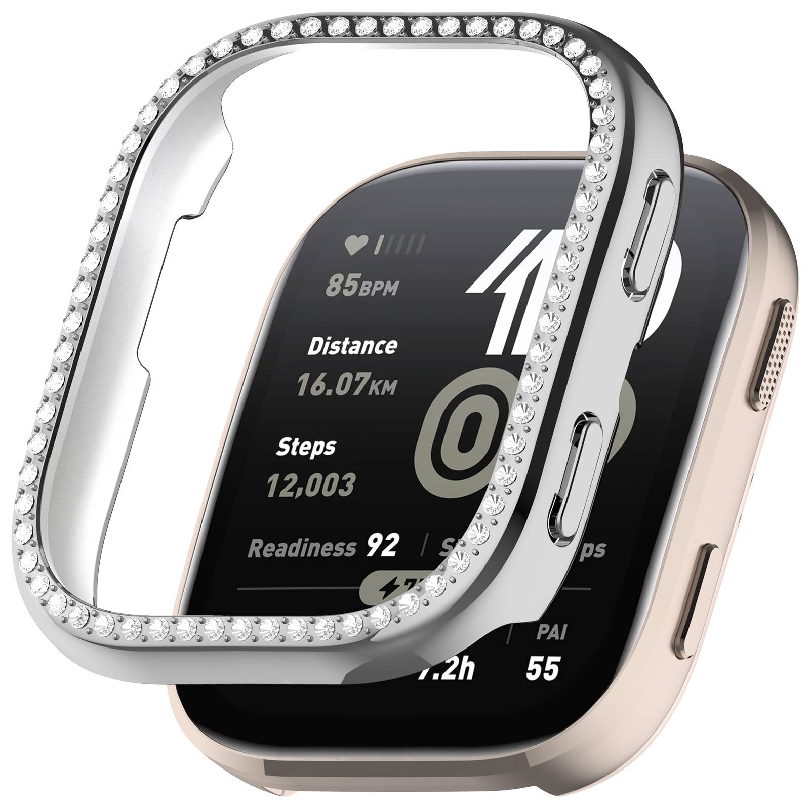 Zwei Smartwatch-Gehäuse, Silber mit Strass und Roségold, übereinander gestapelt um ein Fitness-Tracker-Display, das Schritte, Entfernung, Herzfrequenz und Bereitschaft anzeigt.
