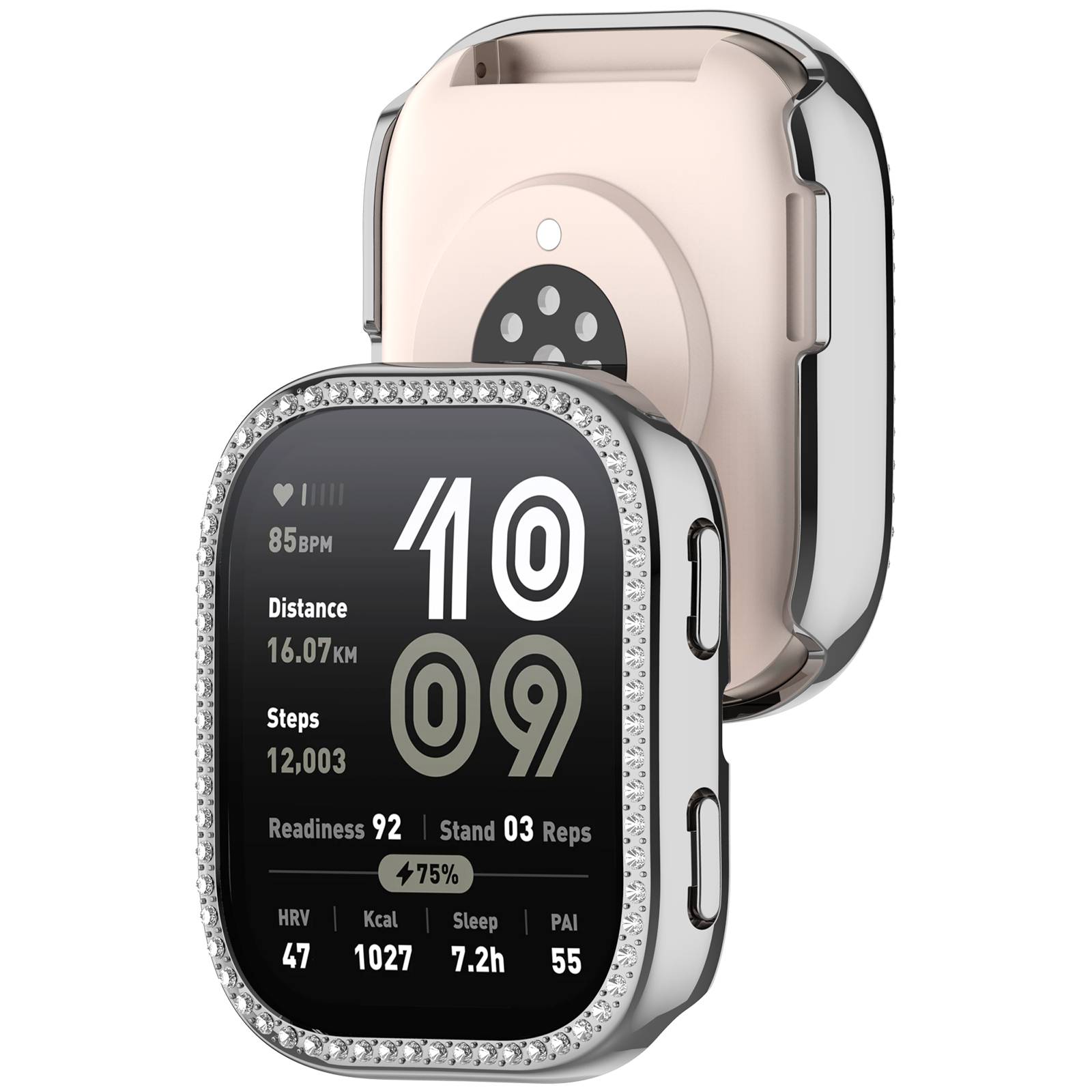 Zwei Smartwatches, eine frontseitige Ansicht mit verzierter Lünette, die Fitnessdaten anzeigt, und eine Rückansicht in Roségold.