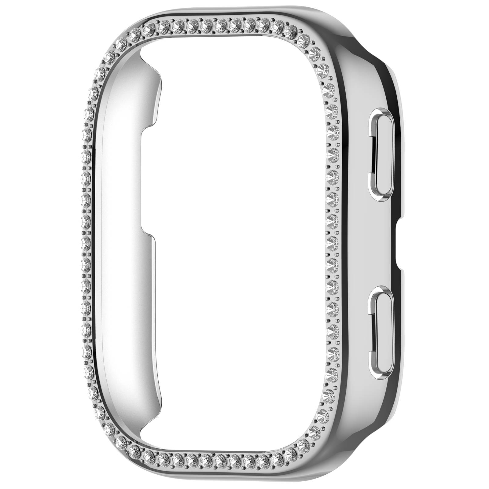 Ein silberner, mit Diamanten besetzter Schutzrahmen für eine Smartwatch, von der Seite gezeigt mit Ausschnitten für Tasten und die Bildschirmöffnung.