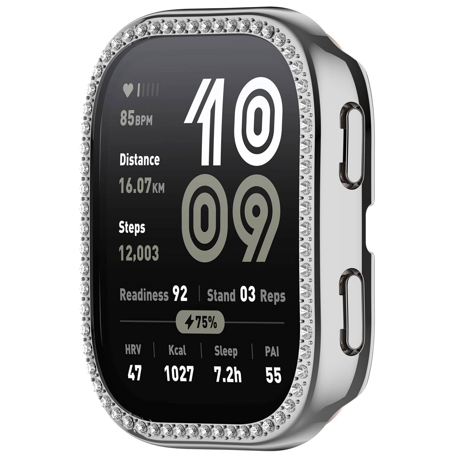 Ein mit Diamanten besetztes Smartwatch-Display zeigt Fitness-Statistiken an: 85 BPM, Distanz 16,07 km, 12.003 Schritte, Bereitschaft 92, 03 Wiederholungen, 75%, HRV 47, 1027 kcal, 7,2h Schlaf, PAI 55.