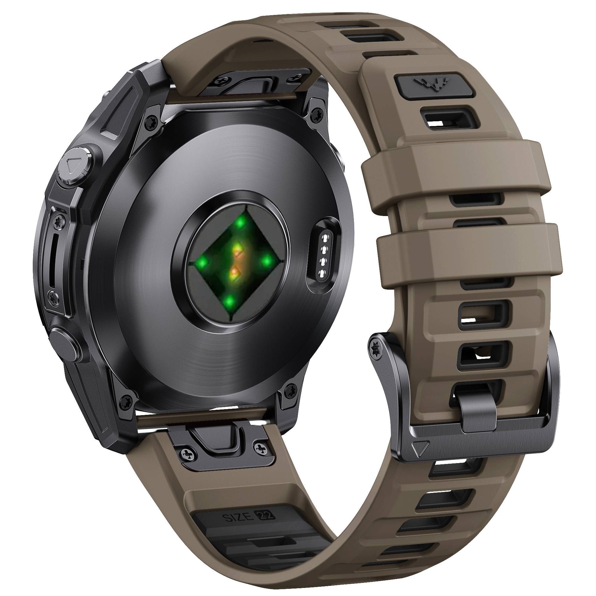 Eine robuste runde Smartwatch mit schwarzem Gehäuse und beigem Armband, von hinten gezeigt mit leuchtender grüner Sensormitte.