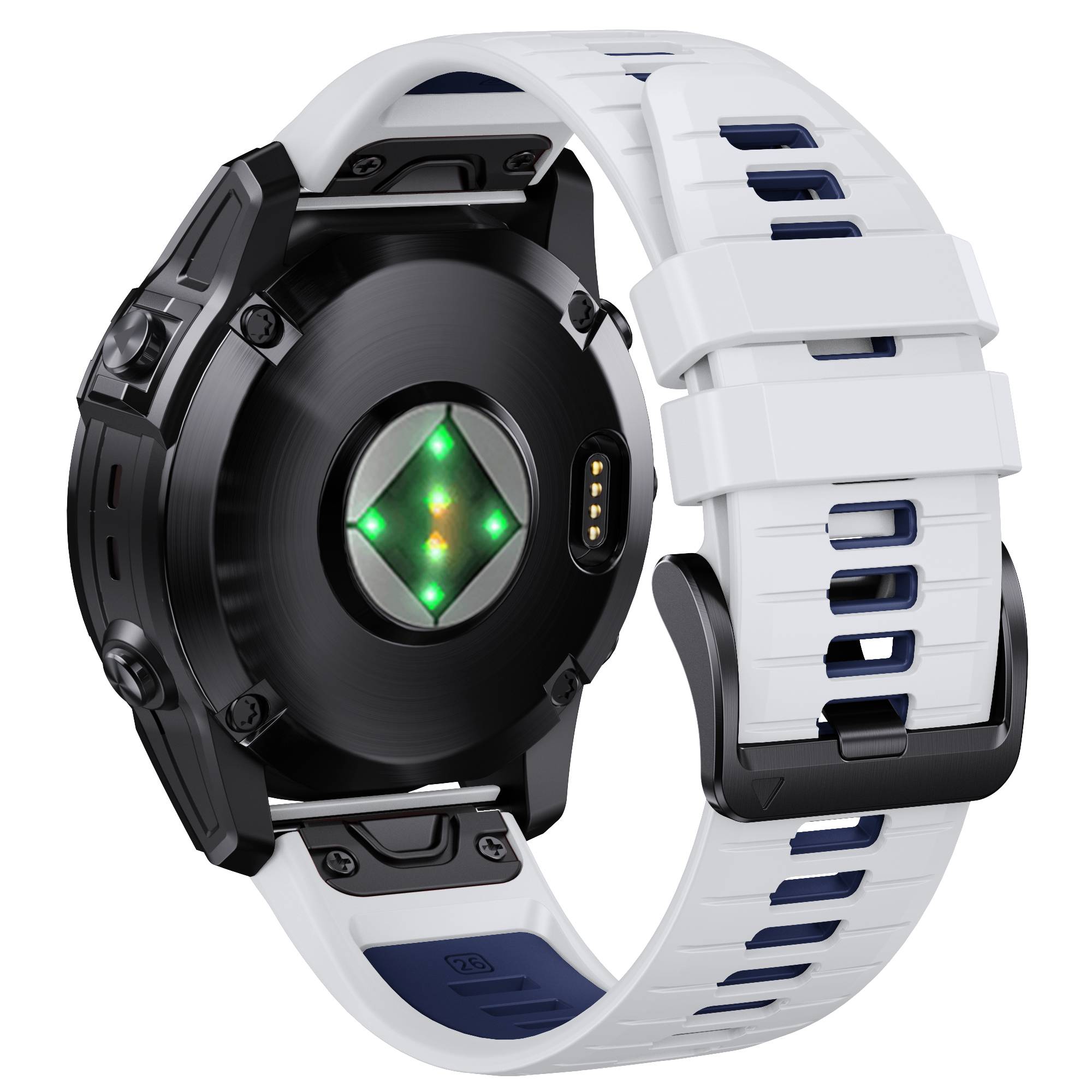 Schwarzweiße Smartwatch mit kreisförmigem Zifferblatt und leuchtendem grünem Zentrum, gezeigt mit weißem segmentiertem Armband.