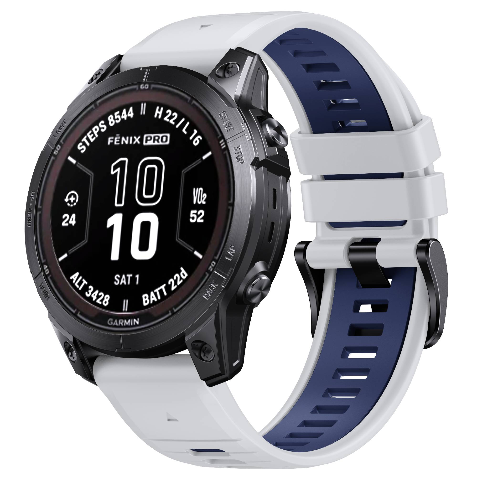 Schwarze Garmin Fenix Pro Smartwatch mit rundem digitalen Display und weiß-blauem Silikonarmband.