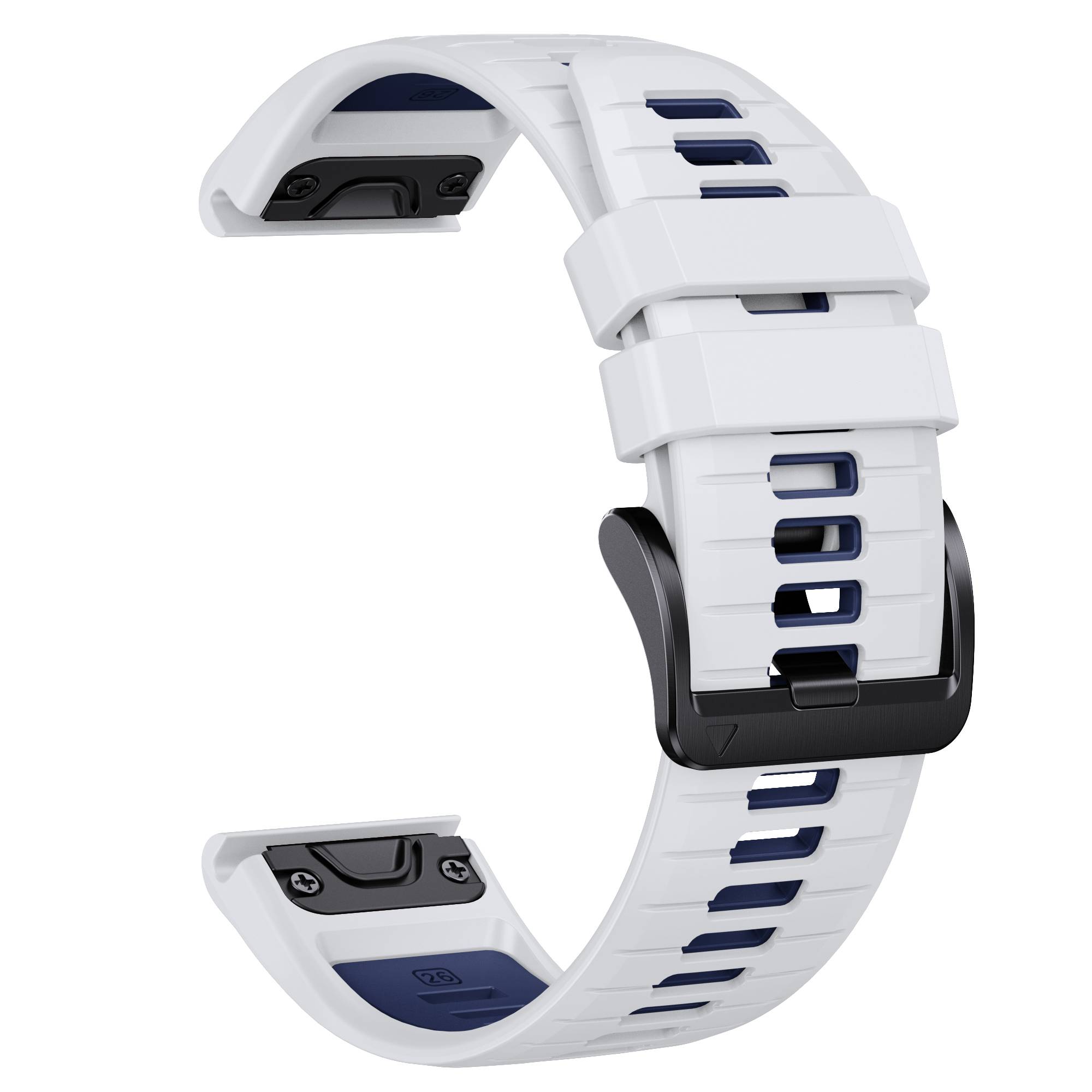 Weißes Smartwatch-Armband mit blauen Akzenten und einer schwarzen Schnalle/Verschluss, isoliert auf weißem Hintergrund dargestellt.