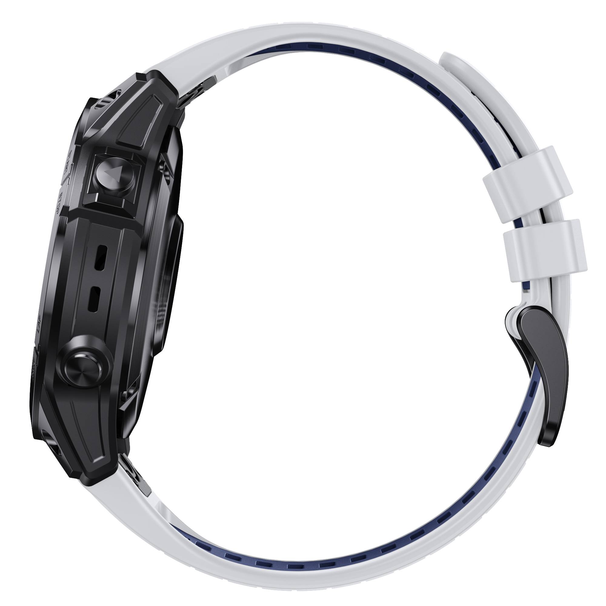 Seitenansicht einer schwarzen digitalen Armbanduhr mit einem runden weißen Armband und einer Schnallenschließe.