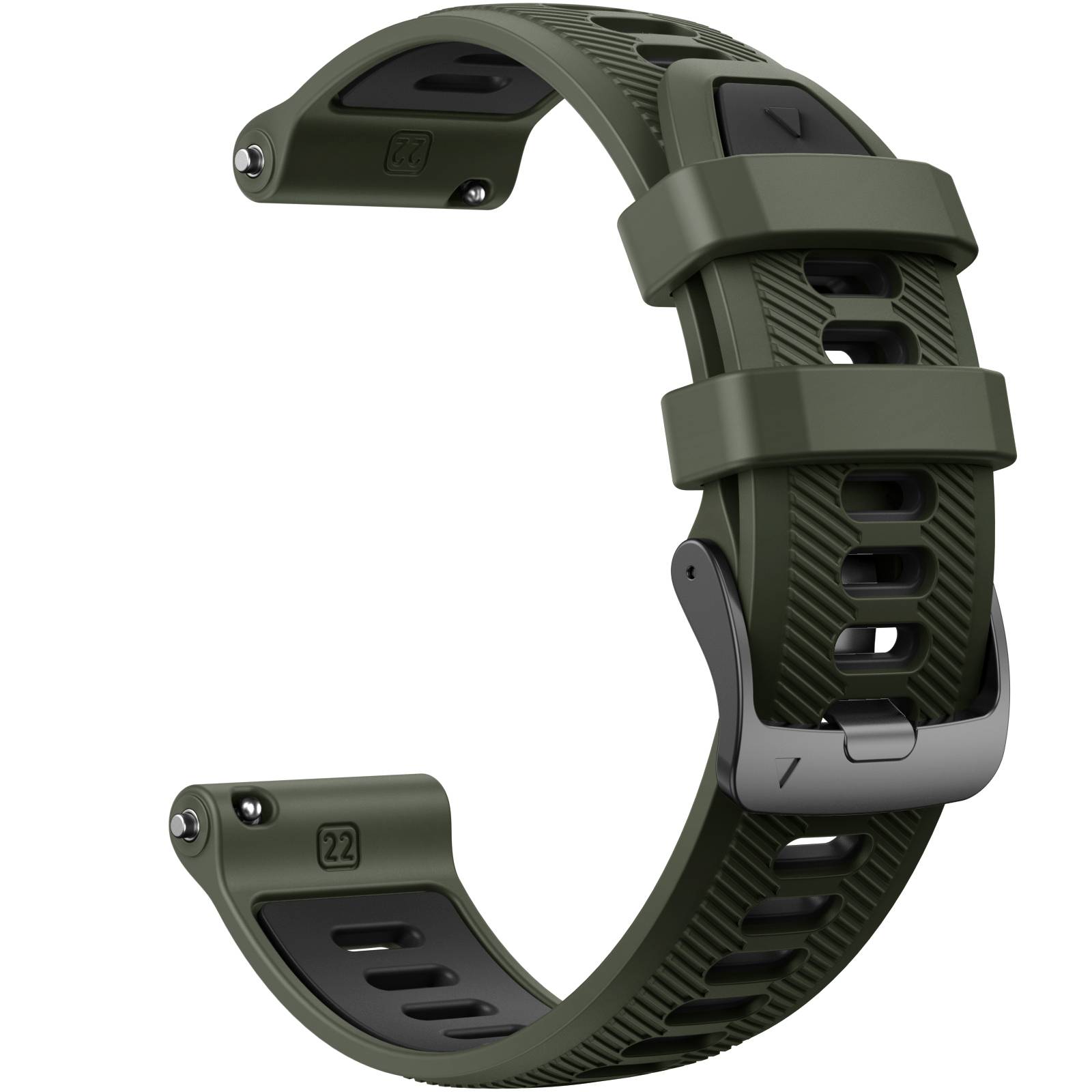 Olivgrünes Smartwatch-Armband mit schwarzer Schnalle und strukturiertem Riemen, auf weißem Hintergrund dargestellt.