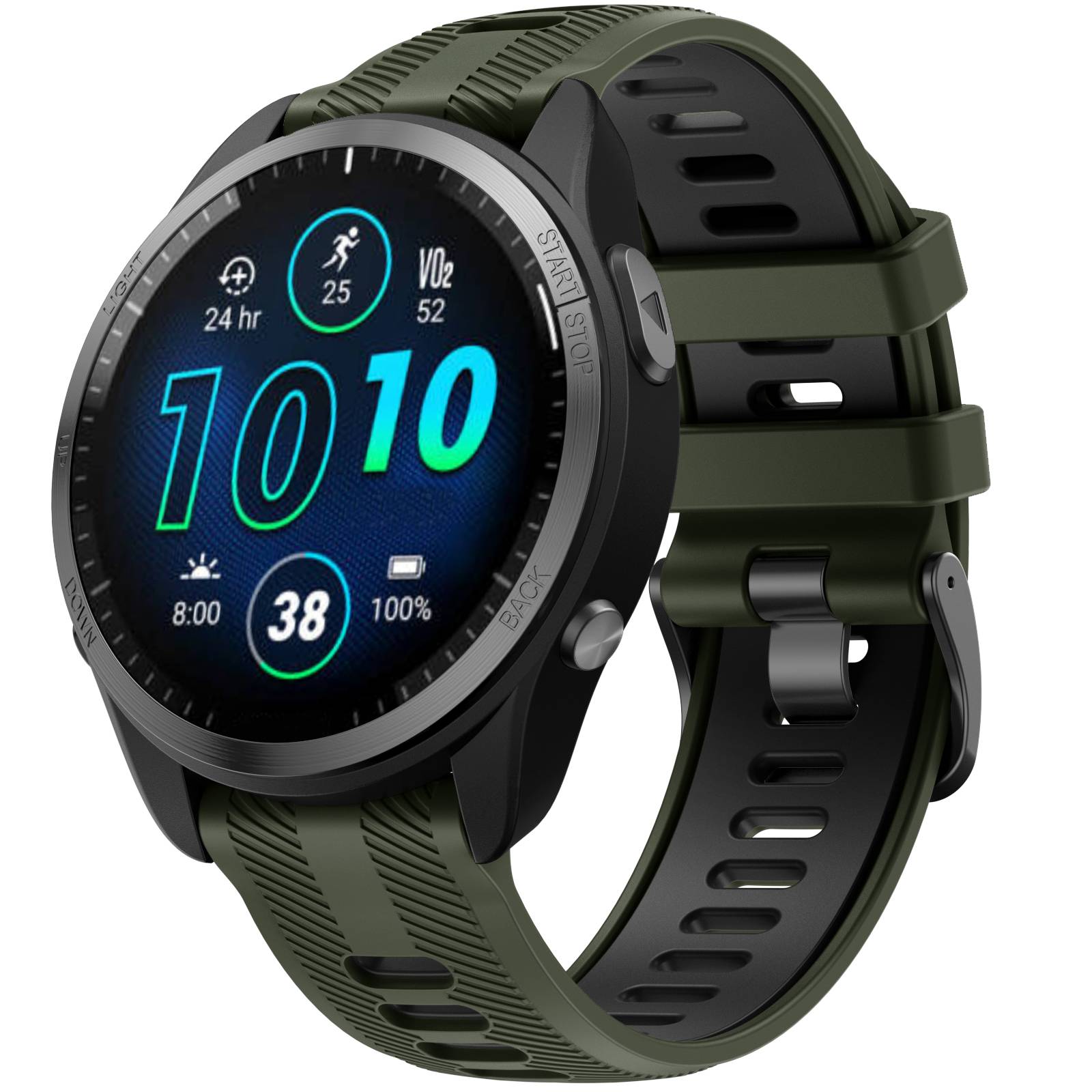 Grüne und schwarze runde Smartwatch mit digitalem Fitness-Display, das 10:10 Uhr, Schritte, Herzfrequenz, VO2, Batterie und Aktivitätssymbole anzeigt.