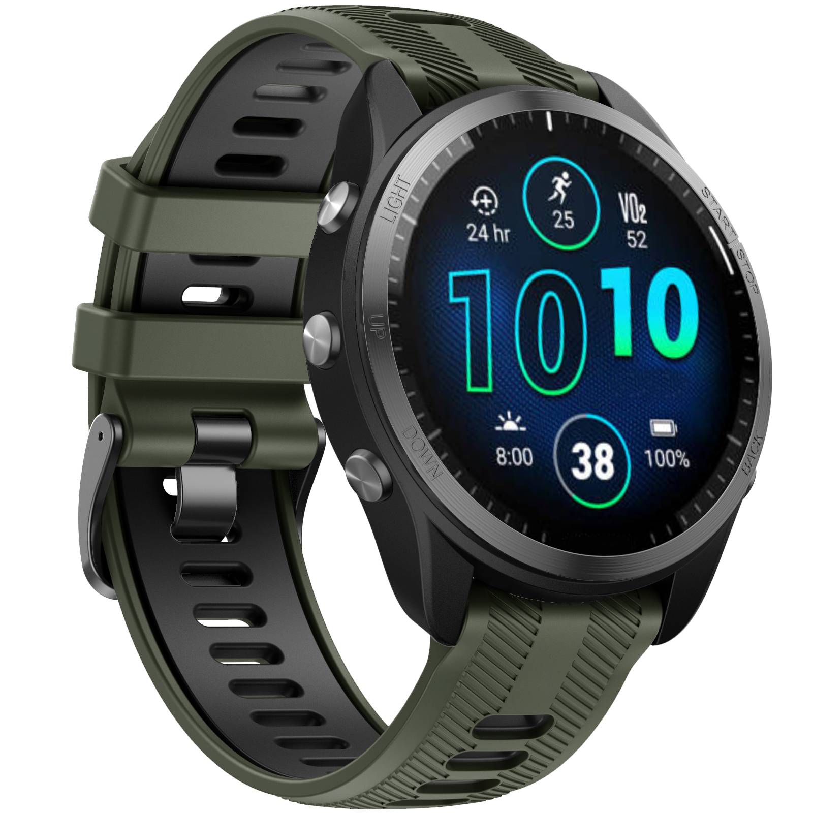 Grüne und schwarze Smartwatch mit rundem digitalem Display, das 10:10 anzeigt, Schrittanzahl 25, Herzfrequenz 38, Akku 100% und Fitness-Widgets.
