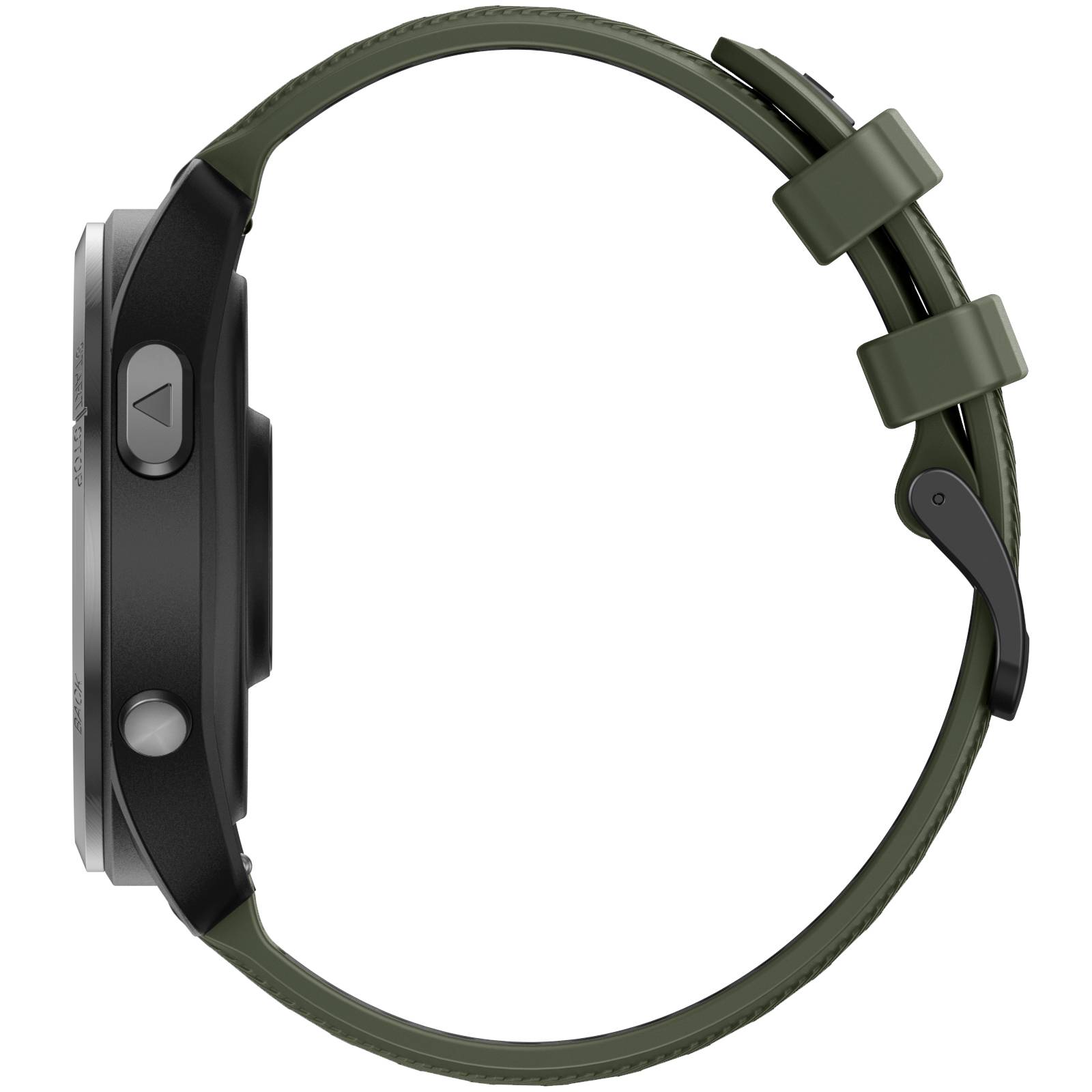 Seitenansicht einer schwarzen Smartwatch mit olivgrünem Armband und Seitentasten, dargestellt auf weißem Hintergrund.