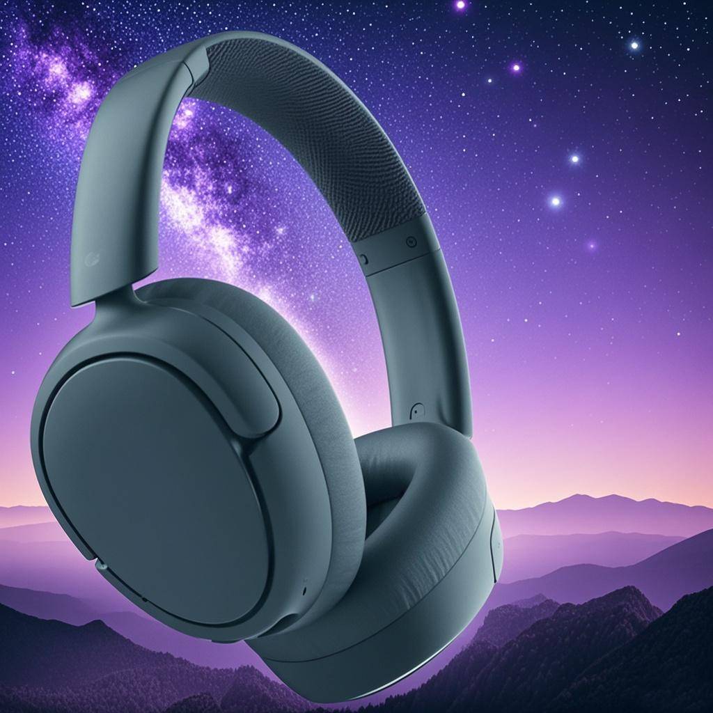 Dunkle Over-Ear-Kopfhörer, die vor einem violetten Sternenhimmel und einer Bergsilhouette schweben, dargestellt als produktartiges Bild.