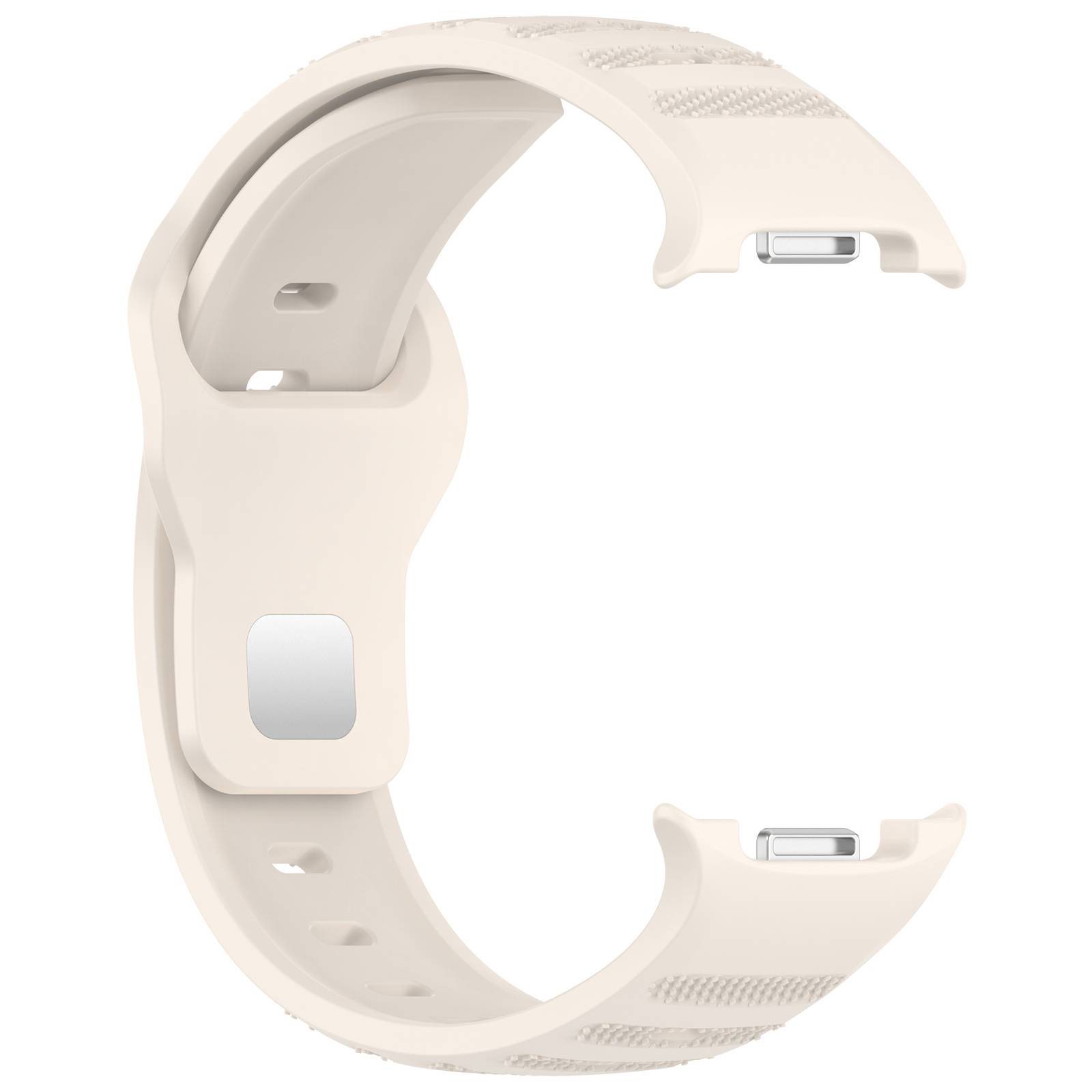 Beige Smartwatch-Armband mit rechteckiger silberner Schließe, offen in C-Form auf weißem Hintergrund gezeigt.