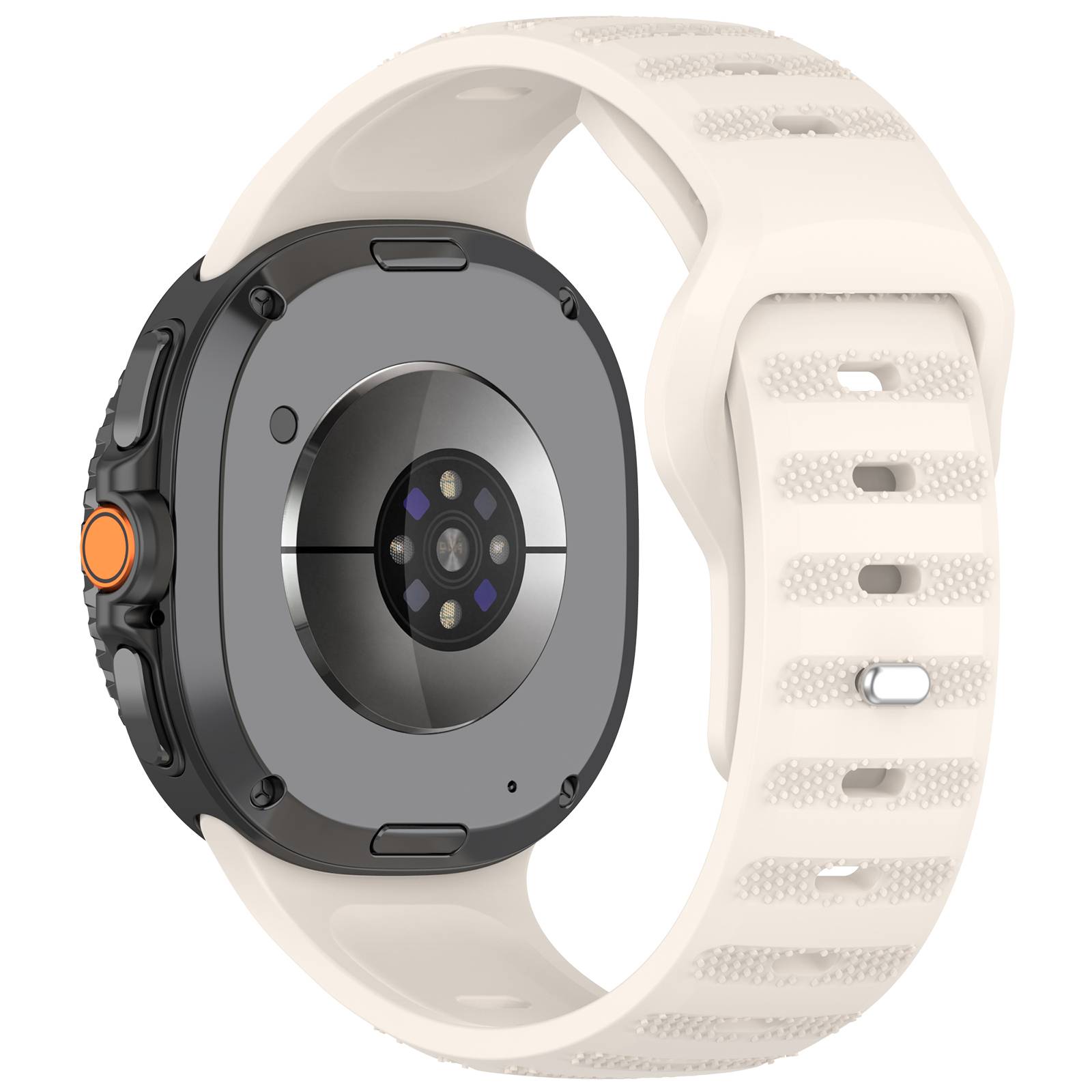 Ein beiges Smartwatch-Armband mit schwarzem rundem Uhrengehäuse und orangefarbiger Seitentaste in Großaufnahme, die das Armband und die Unterseite des Sensors hervorhebt.