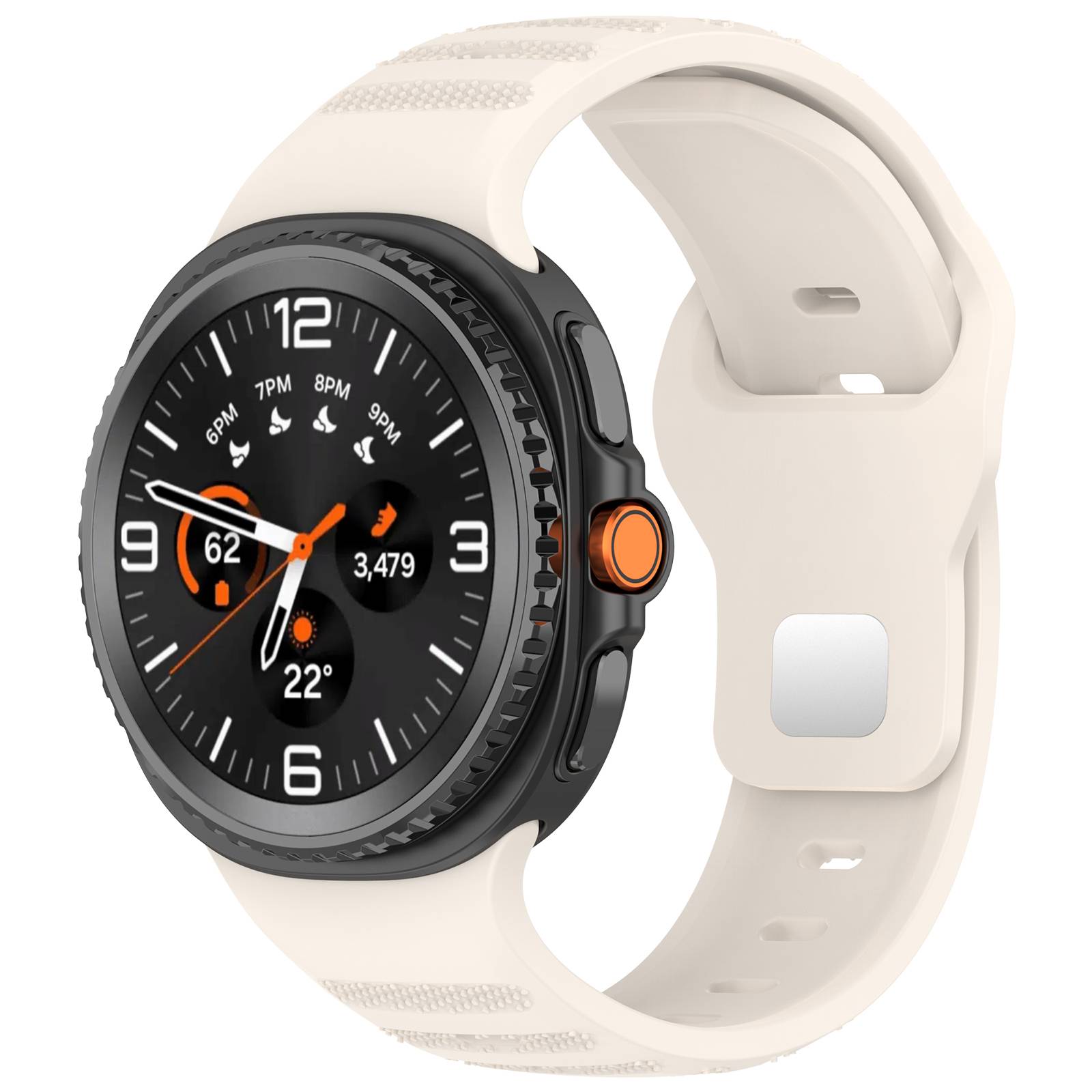 Schwarze Smartwatch mit beigem Armband, zeigt ein analoges digitales Zifferblatt mit Schritten, Wetter und Fitness-Statistiken.