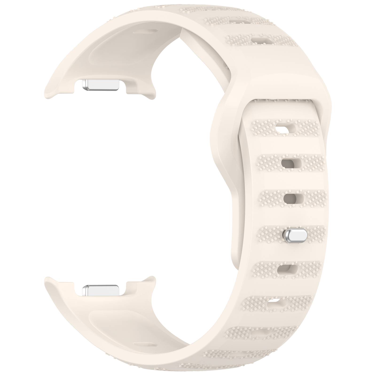 Beigefarbenes perforiertes Silikonarmband mit verstellbarer Schnalle, isoliert auf weißem Hintergrund dargestellt.