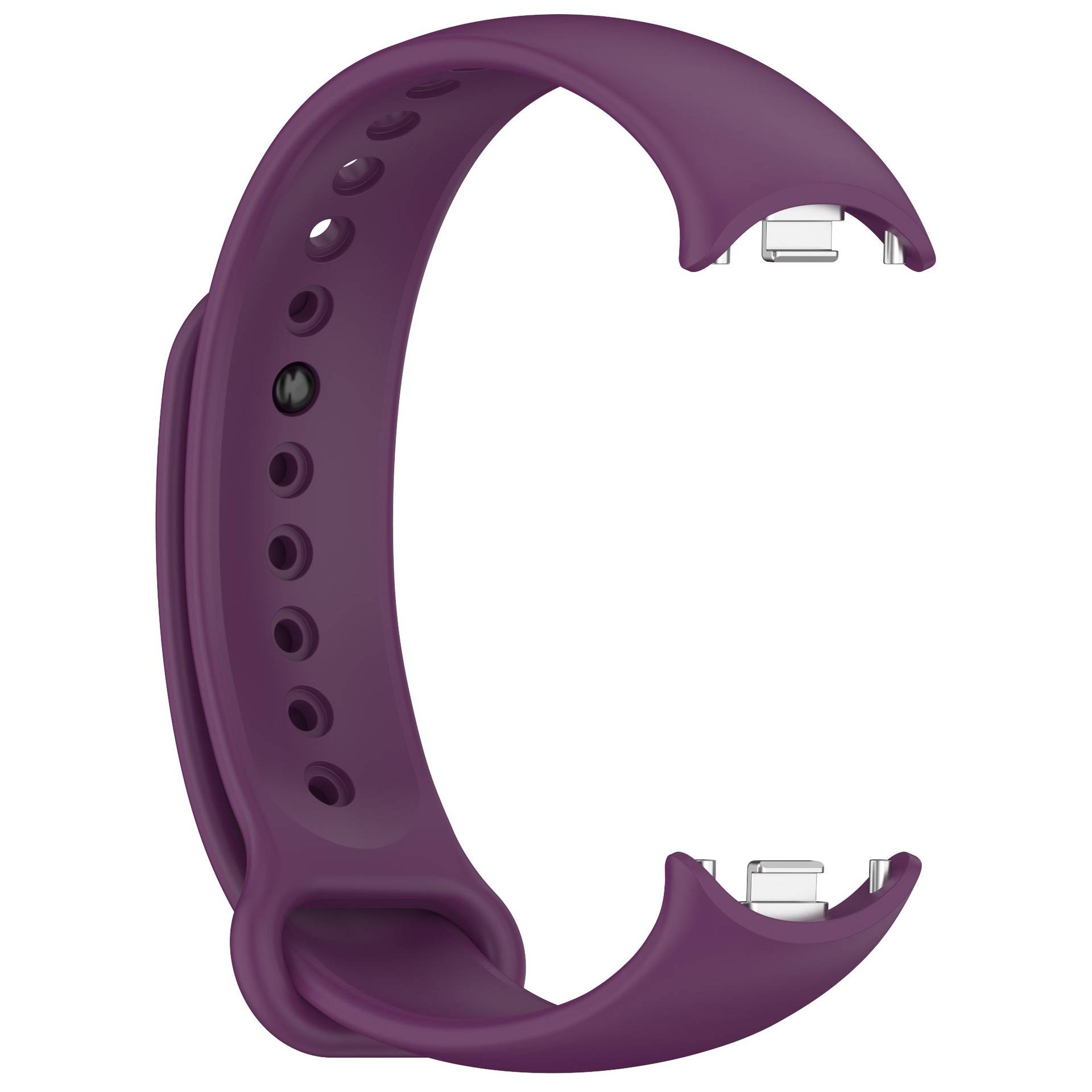 Violettes Smartwatch-Armband mit verstellbaren Löchern und Verschlusssteckern, isoliert auf weißem Hintergrund dargestellt.